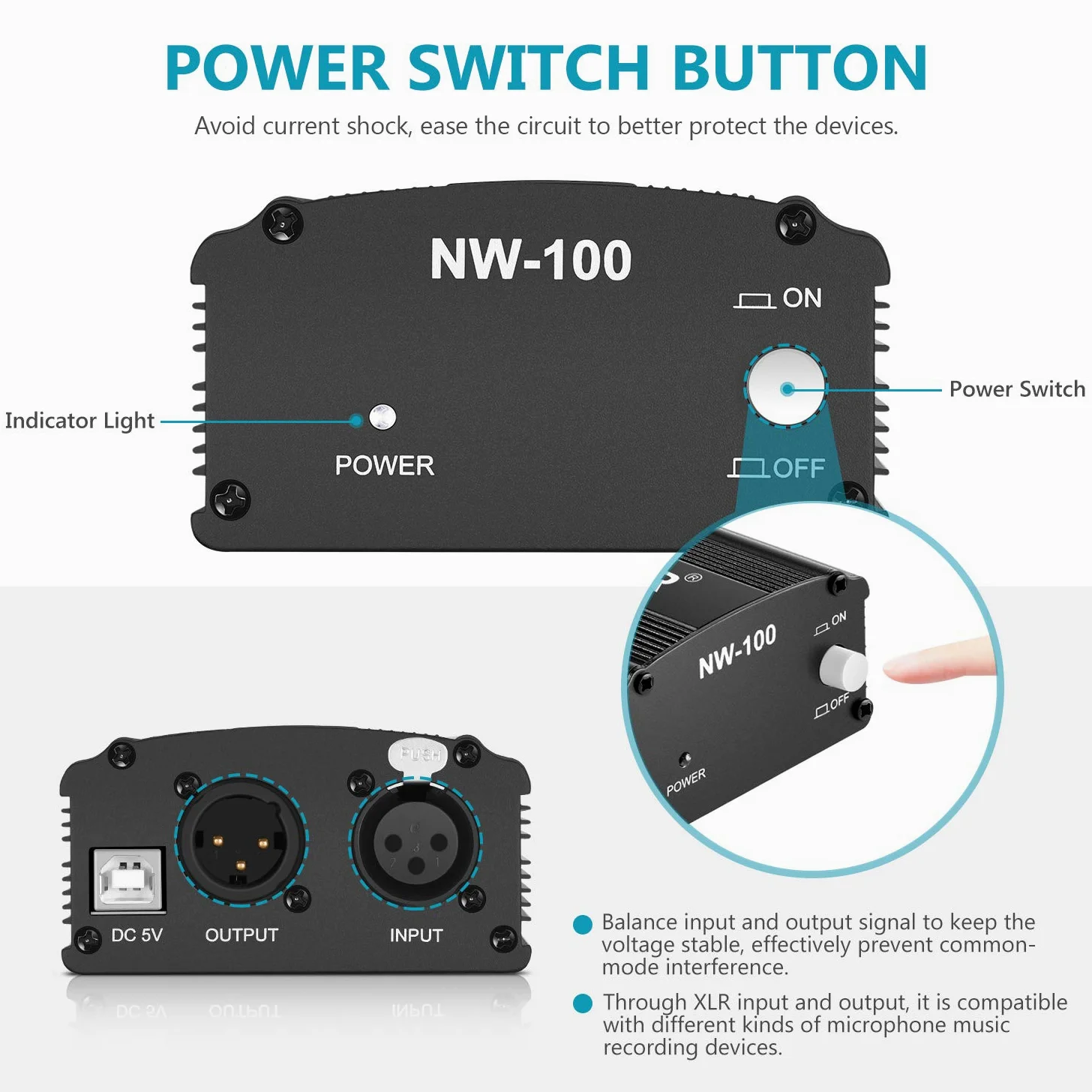 Neewer Alimentazione 48V Phantom 1 Canale con 1,5m Cavo USB & Cavo Microfono 3 Pin XLR per Qualsiasi Microfono a Condensatore Impianto di Registrazione Musicale