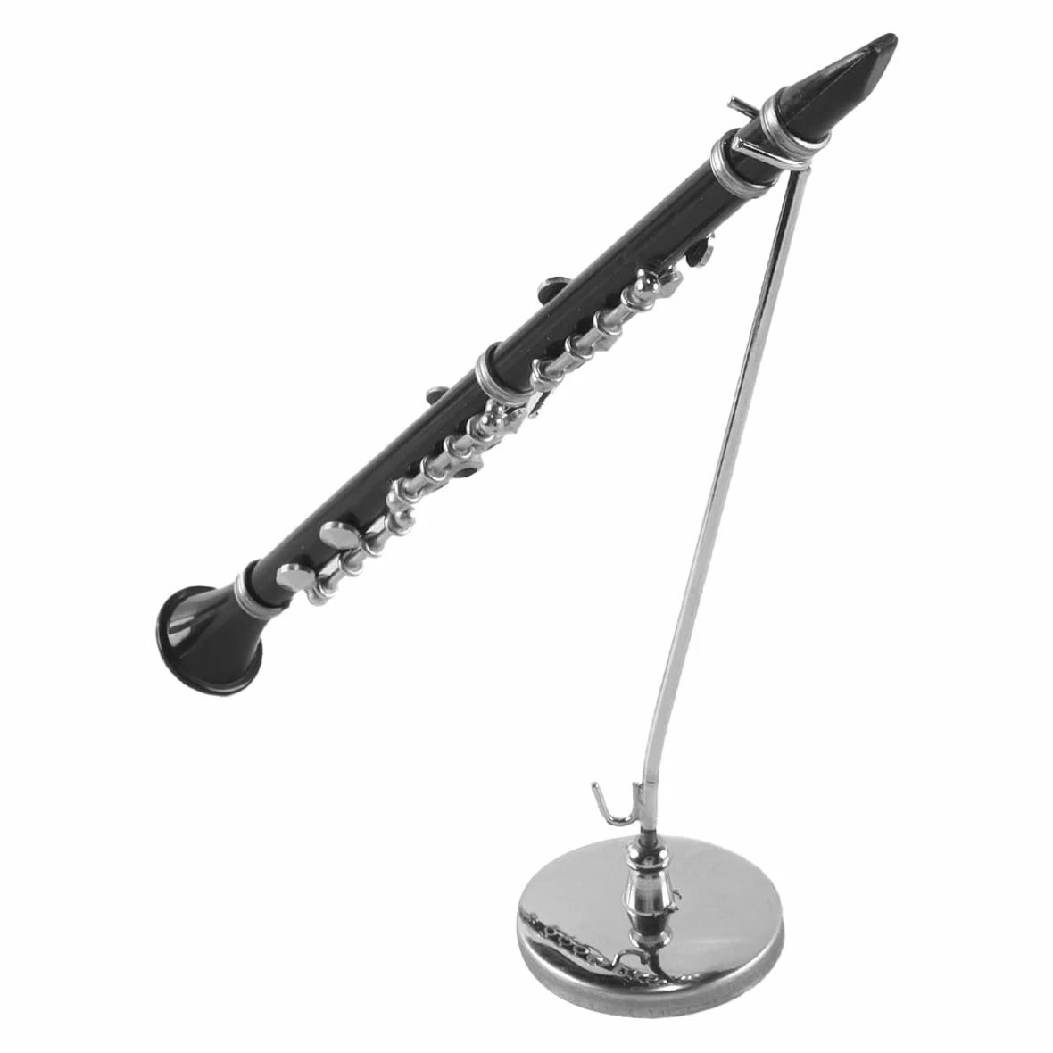Spilla decorativa in vinile nero in metallo, modello di clarinetto basso in miniatura, 16 cm, scala 1/6, con custodia nera e supporto.