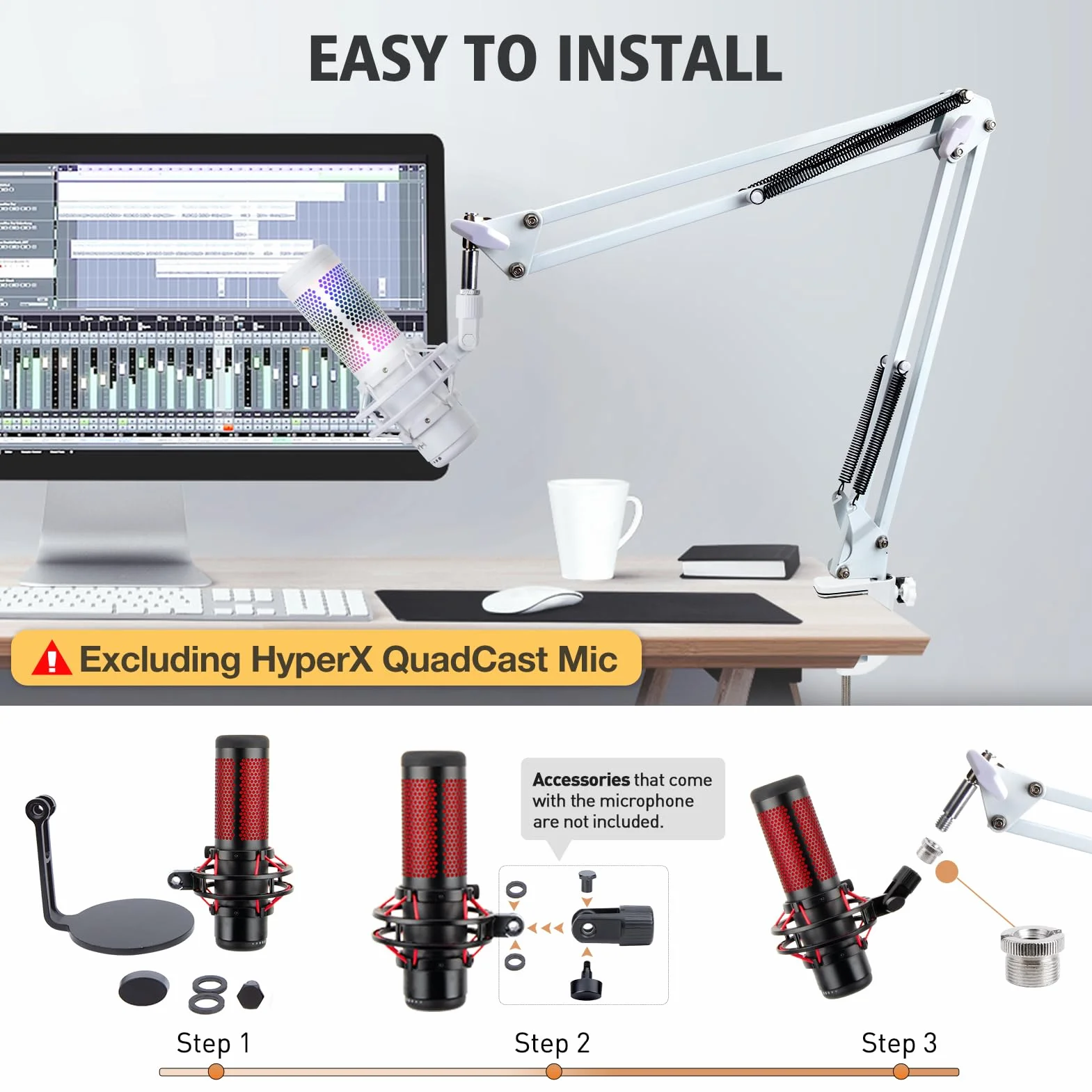 SUNMON Braccio Microfono Bianco per HyperX QuadCast S, QuadCast S2 - Set Supporto a Braccio con Spugna Antivento e Morsetto da Tavolo, Braccio Universale per QuadCast Blue Snowball Blue Yeti SoloCast
