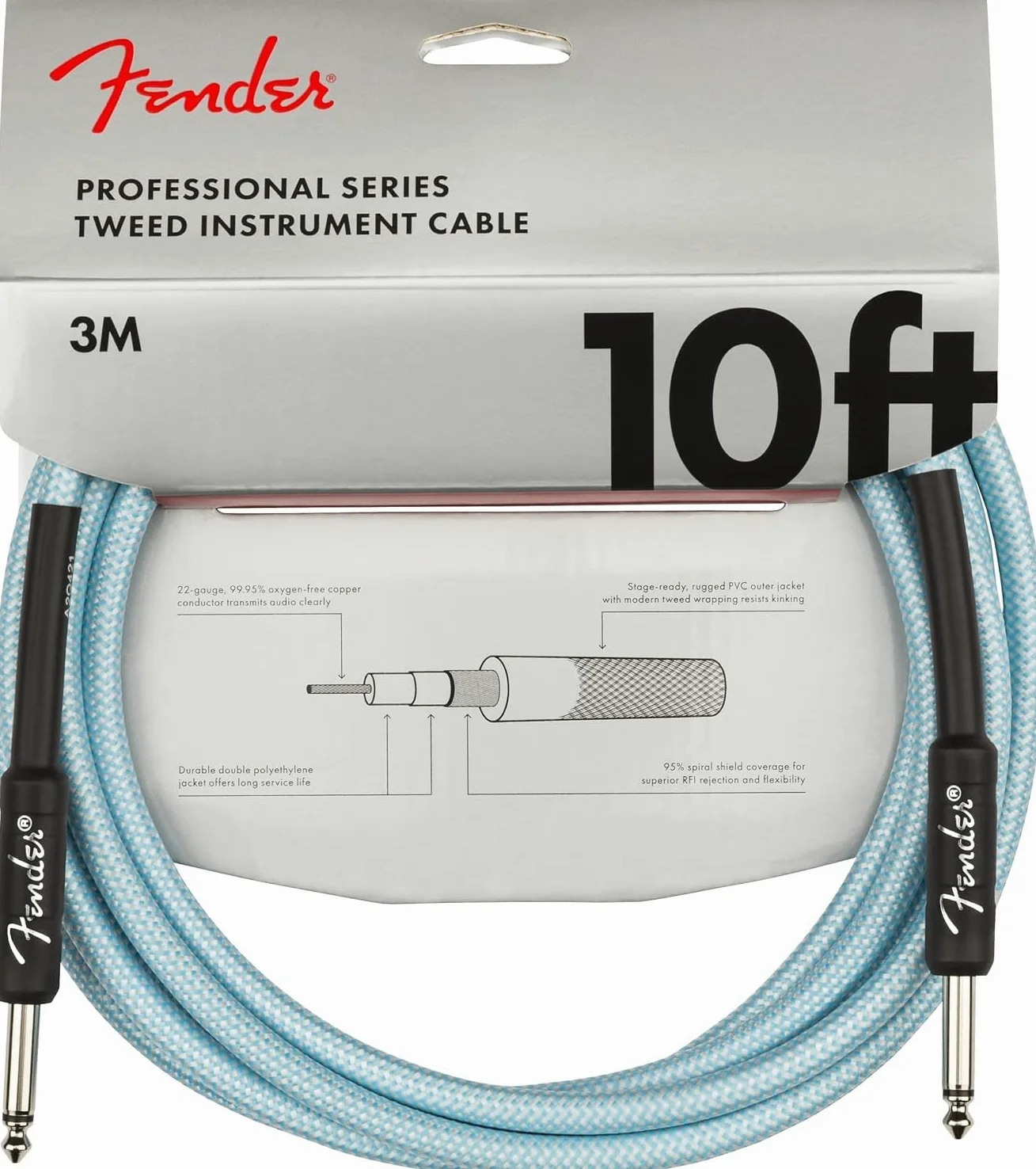 Fender Professional Series Tweed Instrument Cable, 10', Daphne Blue