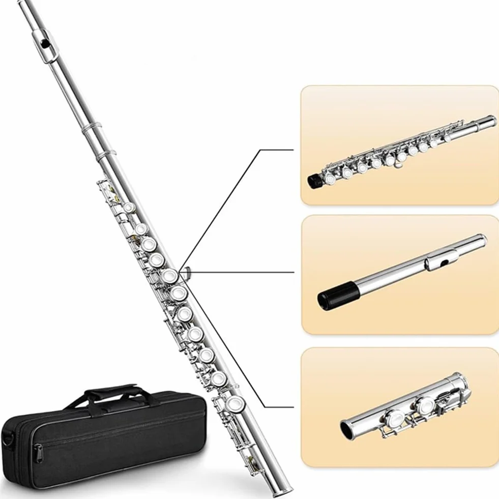 16 Fori Aperti Chiusi Chiave C Flauto Traverso Professionale Strumento Musicale da Concerto con In Stick di Panno per La Pulizia Della Scatola