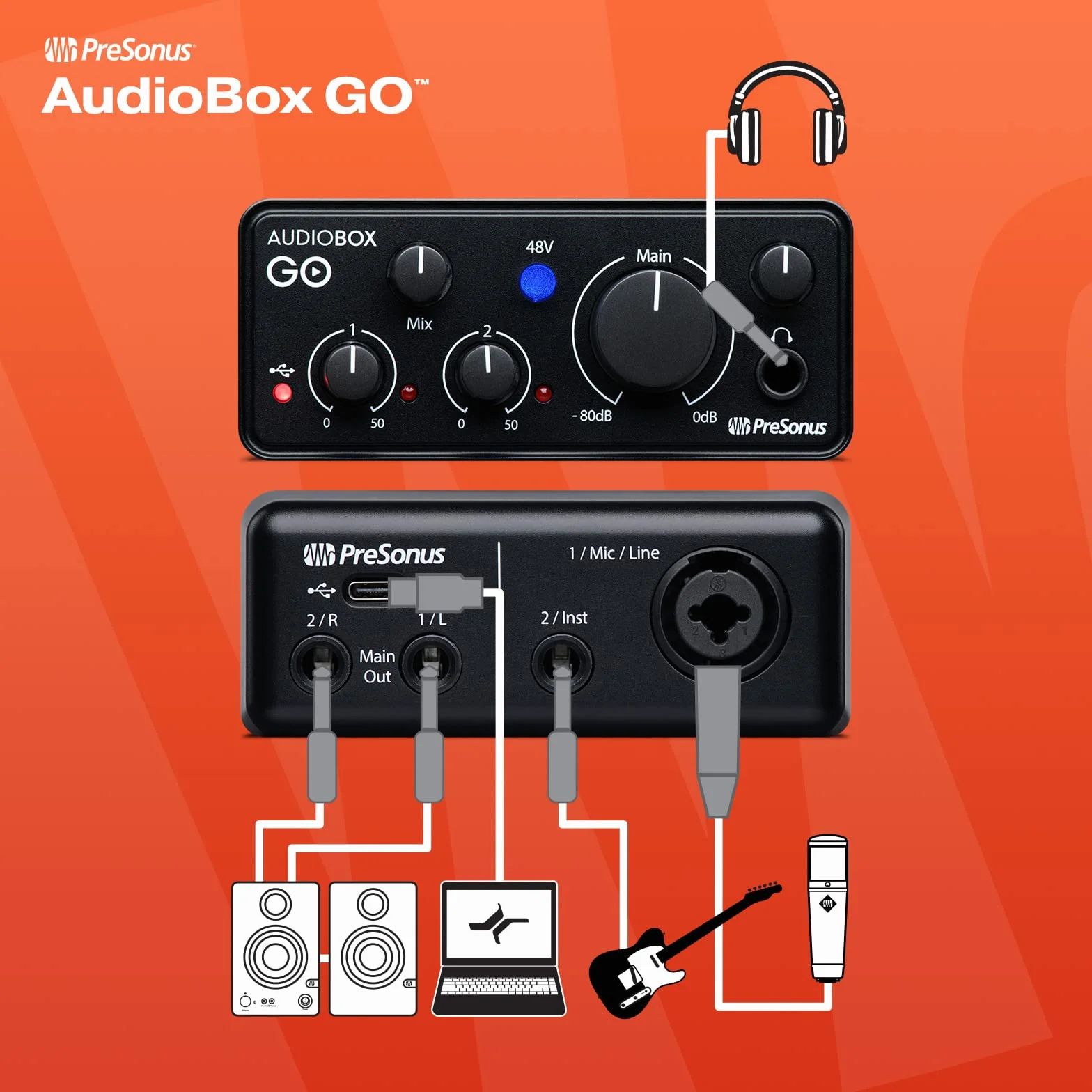 PreSonus AudioBox GO – Interfaccia Audio USB-C Compatta per Produzione Musicale, Streaming e Podcasting con 6 mesi di Fender Studio Pro