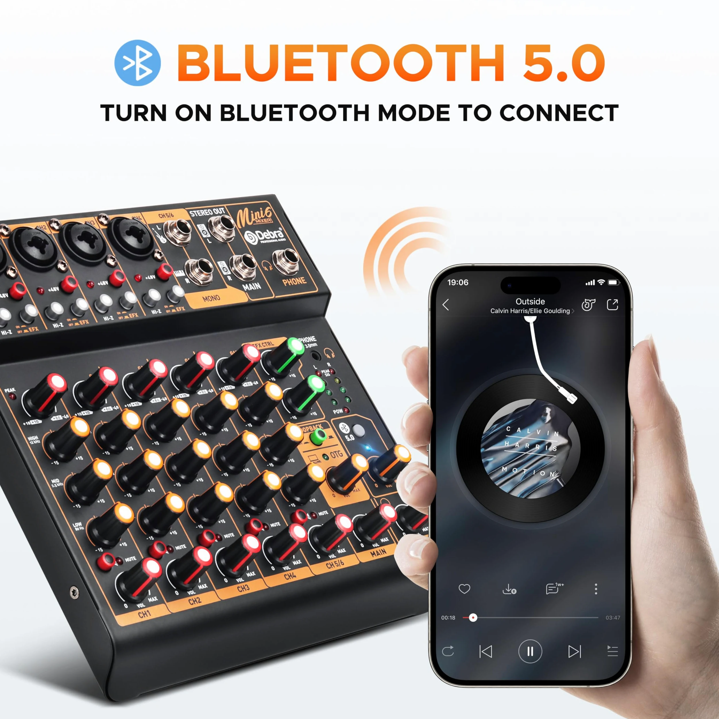 Mini6 Mixer Audio Professionale per DJ – Mixer a 6 Canali con Interfaccia USB, Bluetooth e Alimentazione Phantom 48V – Ideale per Streaming, Podcasting e Performance Live
