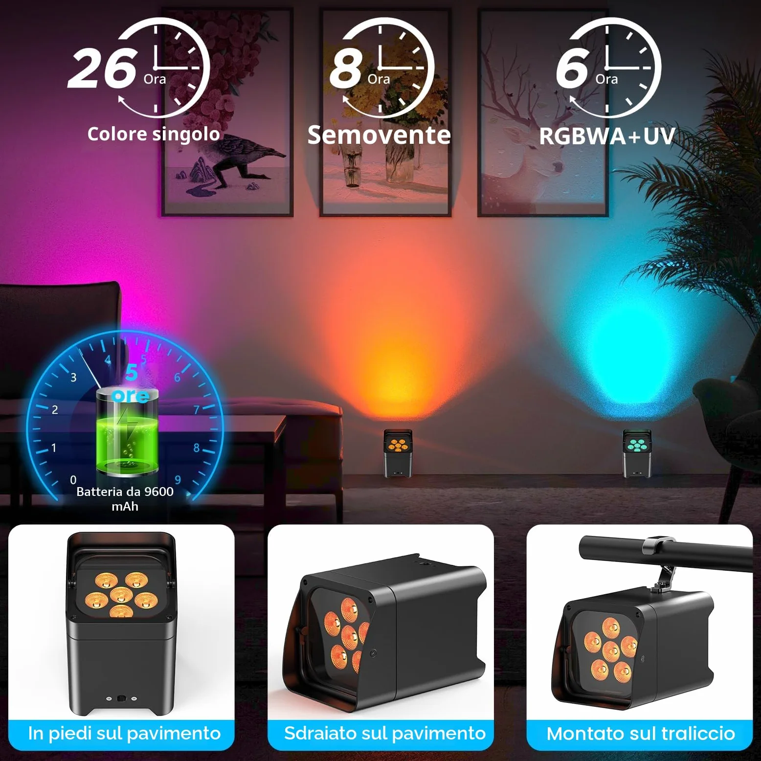 108W led par Faro Batteria Ricaricabile 9600mAh, RGBWA+UV luce palcoscenico Uplight Outdoor con telecomando/DMX/APP (iOS e Android) luce da discoteca per DJ Party Bar Natale Matrimonio