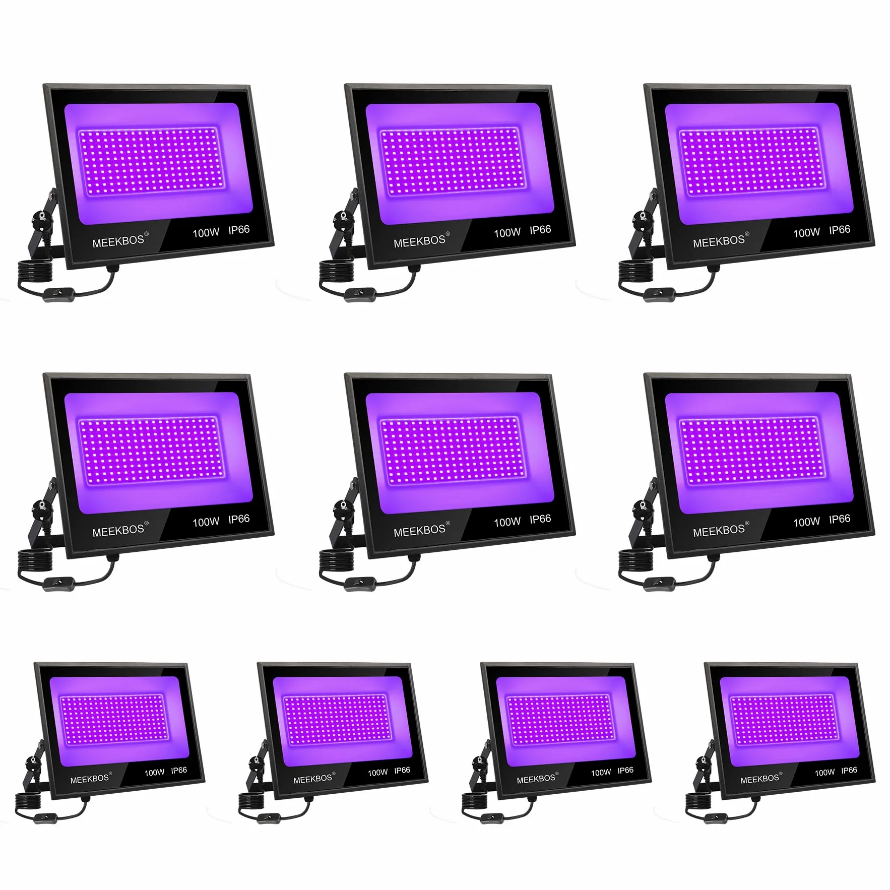10 Pezzi Luce Nera UV,100W Faretto UV LED con Spina, IP66 Impermeabile Faro Ultravioletta,385-400nm Black light per Festa,Pittura Fluo,Poster Fluorescente,Bar,Halloween,Party,Discoteca
