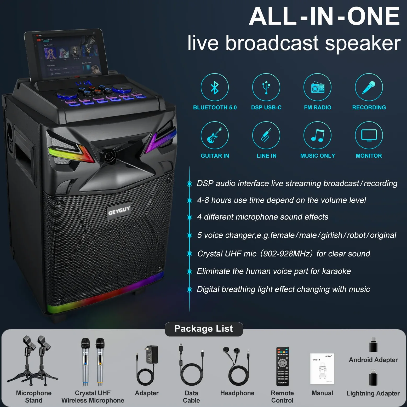 Casse karaoke professionale completo con 2 microfoni wireless, Altoparlante portatile Bluetooth con Luci per feste, Woofer da 10" Sistema PA, effetti sonori/luci DJ/radio FM GTSK10-1