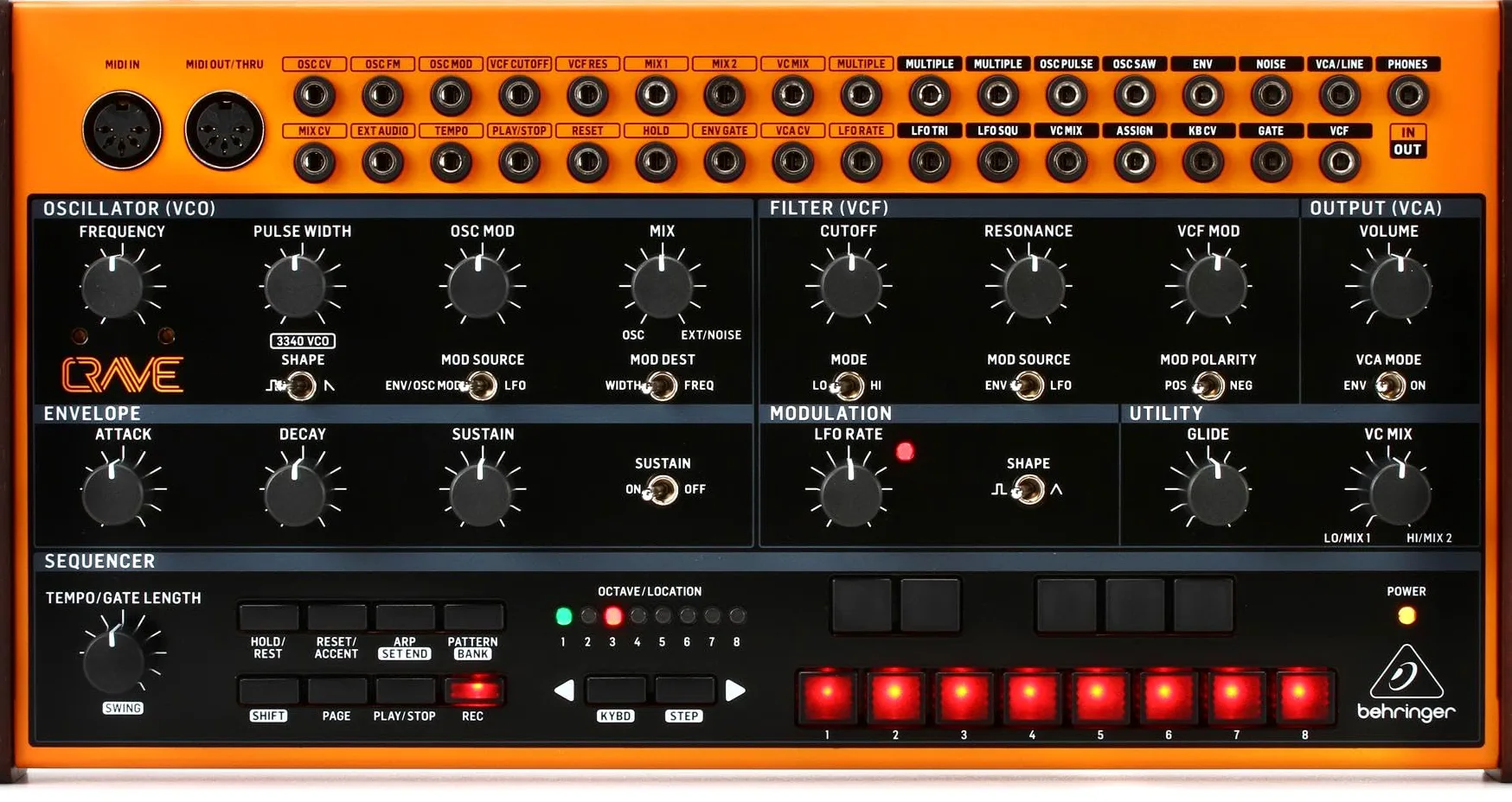 Sintetizzatore semi-modulare analogico Behringer CRAVE con 3340 VCO, filtro ladder classico, sequenziatore a 32 passaggi e catena poligonale a 16 voci
