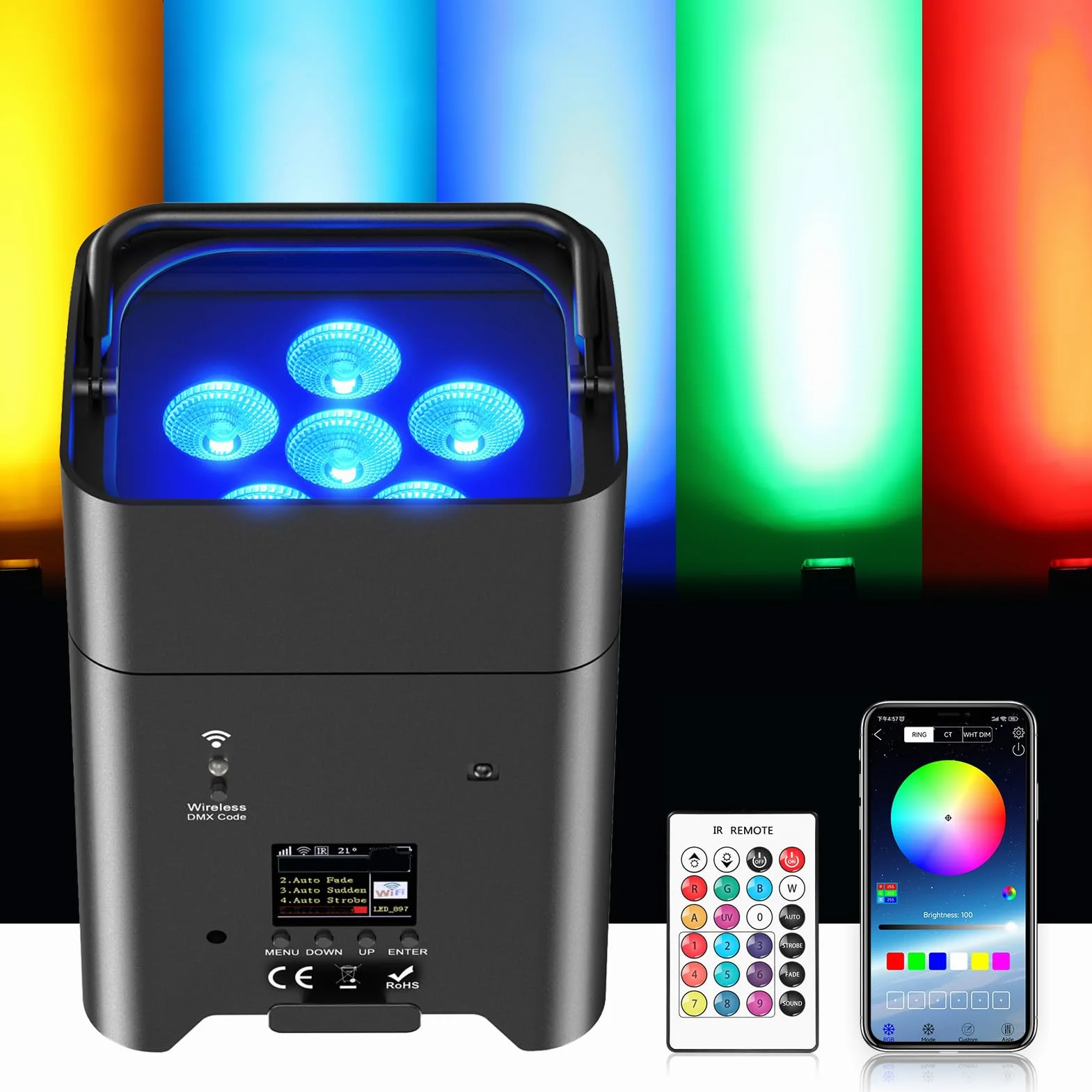 108W led par Faro Batteria Ricaricabile 9600mAh, RGBWA+UV luce palcoscenico Uplight Outdoor con telecomando/DMX/APP (iOS e Android) luce da discoteca per DJ Party Bar Natale Matrimonio