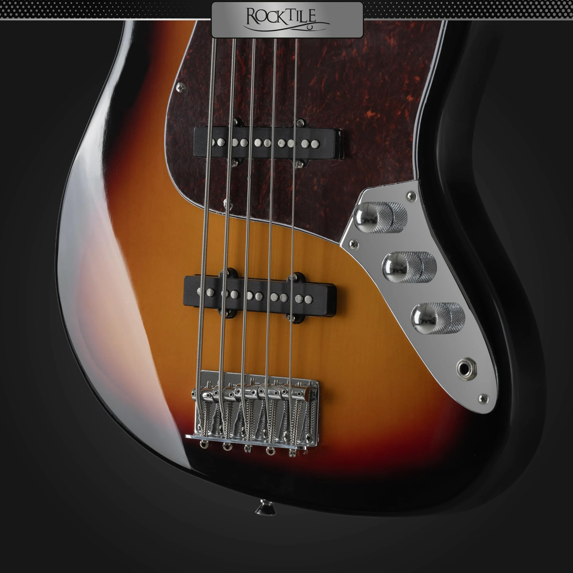 Rocktile Pro JBS50-SB Basso Elettrico - Basso 5 corde stile JB con corpo in tiglio - manico in acero e tastiera in acero - 2x Single Coil pickup - 2x Volume, 1x Tone - Mensura 34" - Sunburst