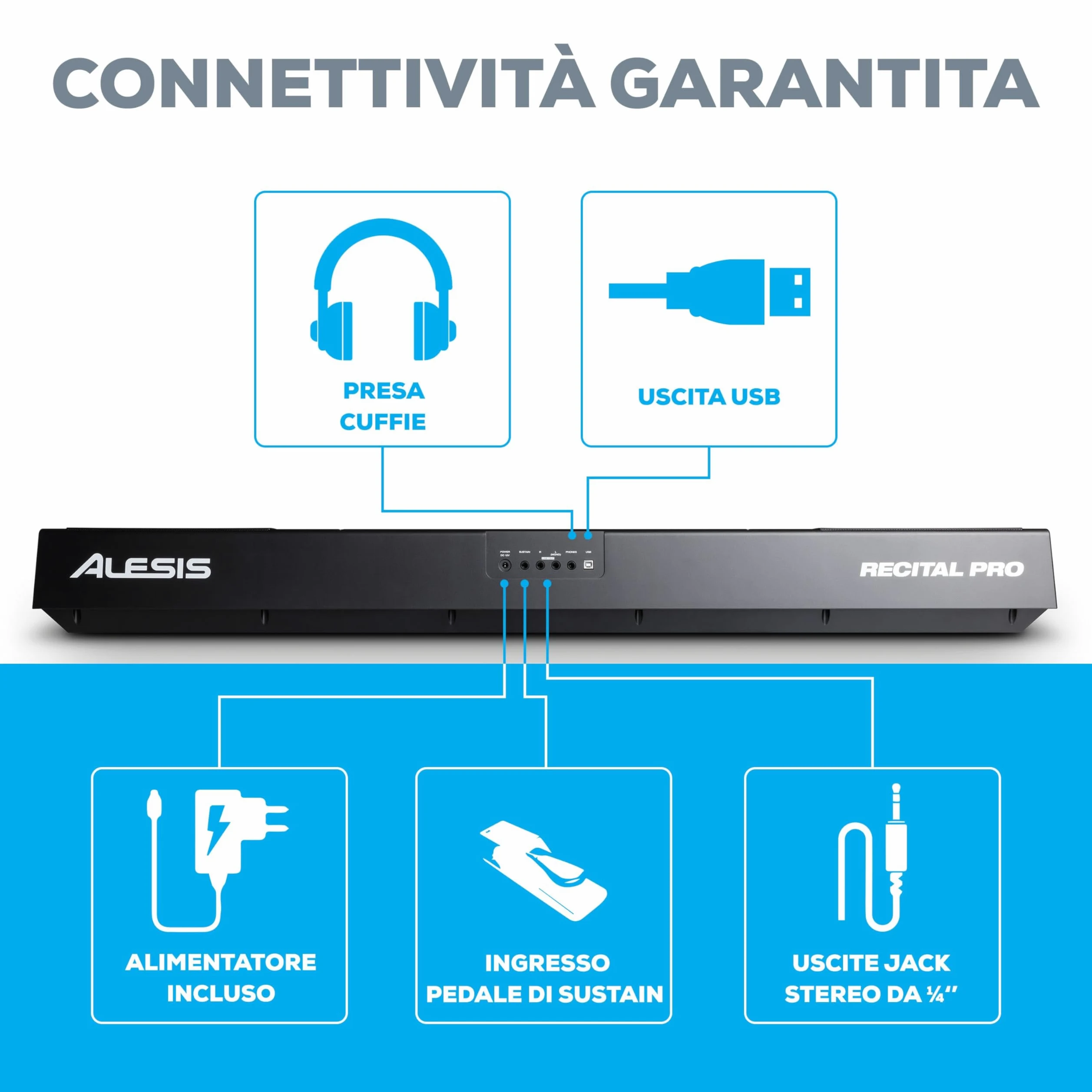 Alesis Recital Pro - Pianoforte Digitale 88 Tasti Pesati/Pianola con Casse Integrate da 20W, Presa Cuffie, 12 Suoni, Alimentatore e Lezioni Online