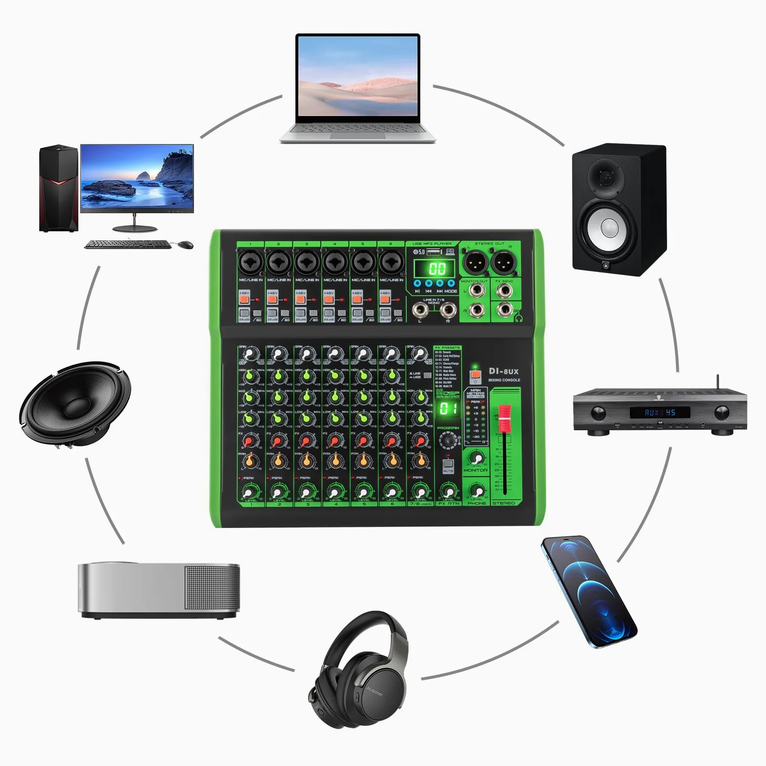 Mixer audio professionale, alimentazione phantom, preamplificatore per microfono, serie DI-4UX, verde, 19,3 x 26 x 4,5 cm