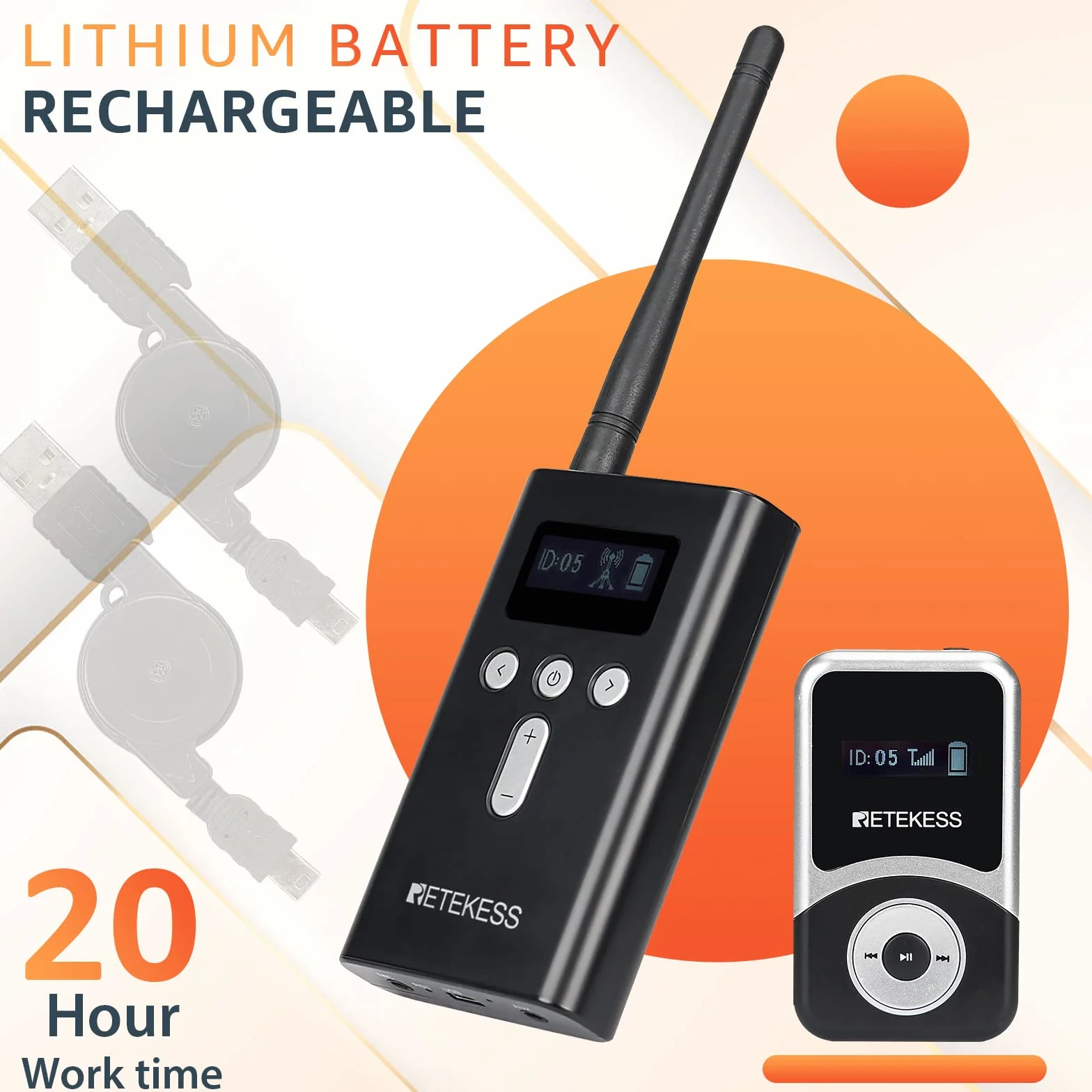 Retekess T130S (T130 2rd) Sistema di Audio guida, Sistema di Guida Wireless, Operazione con un Clic, 100m, Cuffia D, Tasto Muto, per Turismo, Fabbrica (1 Trasmettitore 5 Ricevitori)