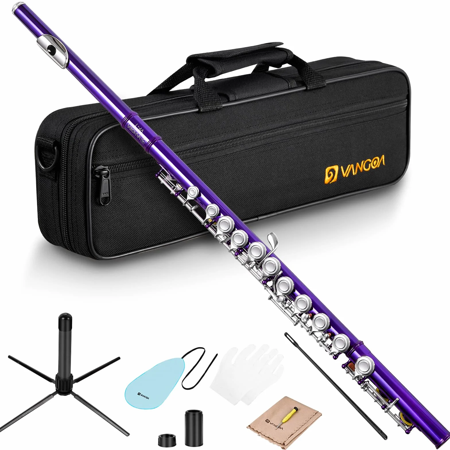 Vangoa Nickel Foro Chiuso 16 Tasti di C Studente Principiante Flauto per bambini Set di Strumenti Musicali con Custodia per il Trasporto Guanti per Supporto Asta di Pulizia e Panno,Viola