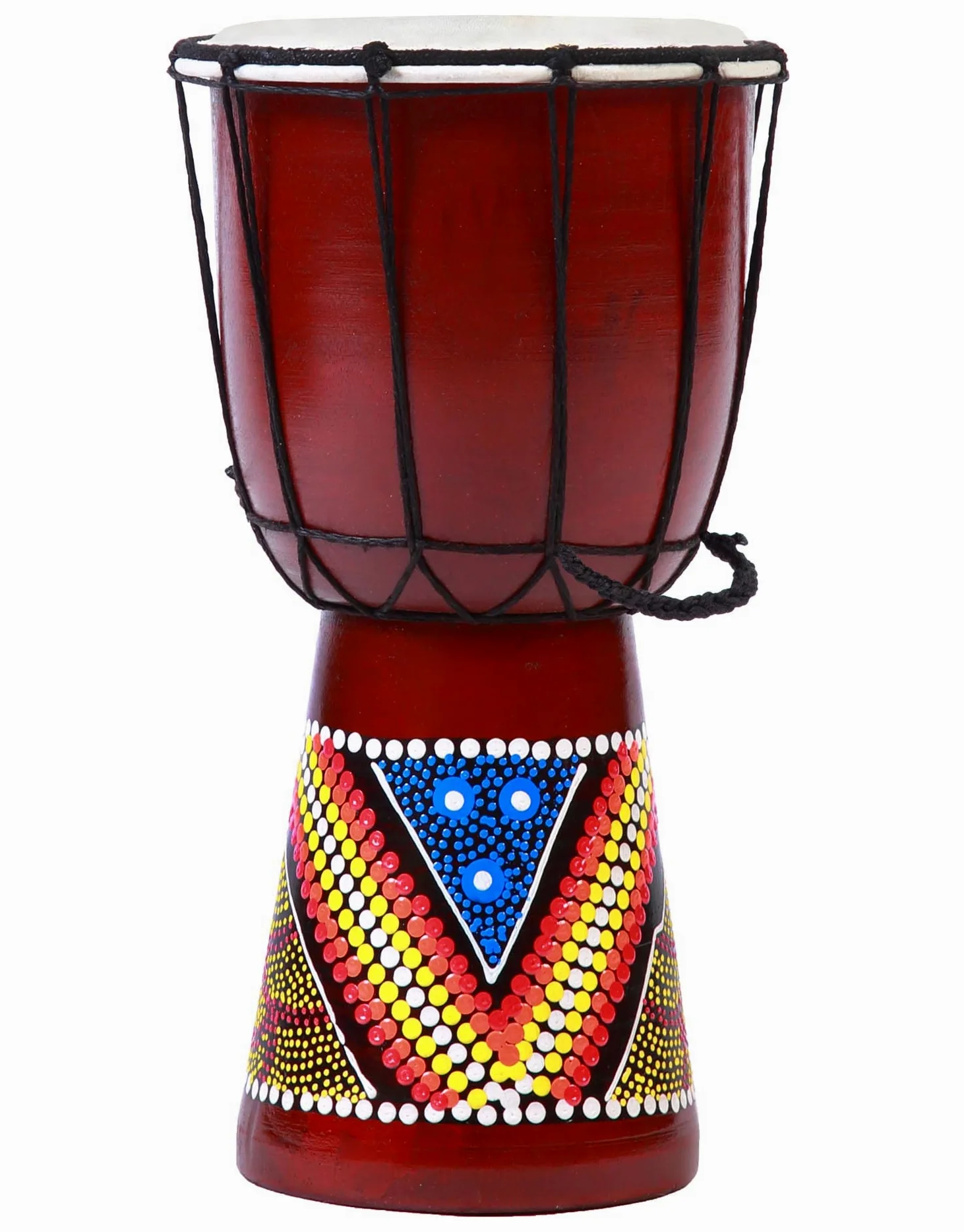 Djembe 30 cm per bambini – Tamburo africano in legno con pelle naturale, dipinto a mano – Strumento a percussione educativo – Modello multicolore