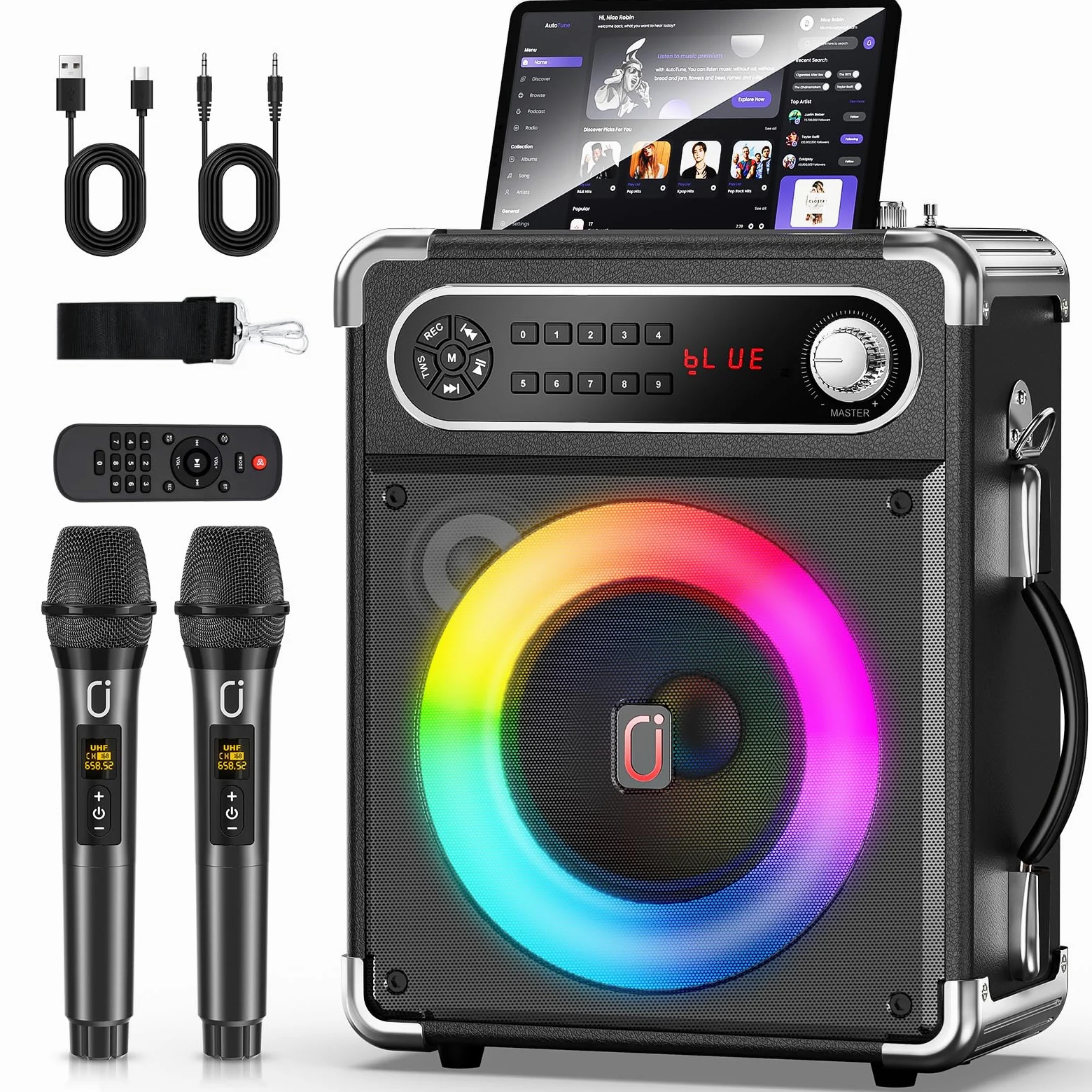 JYX Karaoke con 2 Microfono, Sistema Portatile 6,5'', 80W Cassa Bluetooth 5.3 Altoparlante, Controlli per alti/bassi e luce LED, Compatibile TWS, USB/TF/Radio FM, Funzione Registrazione, Nero