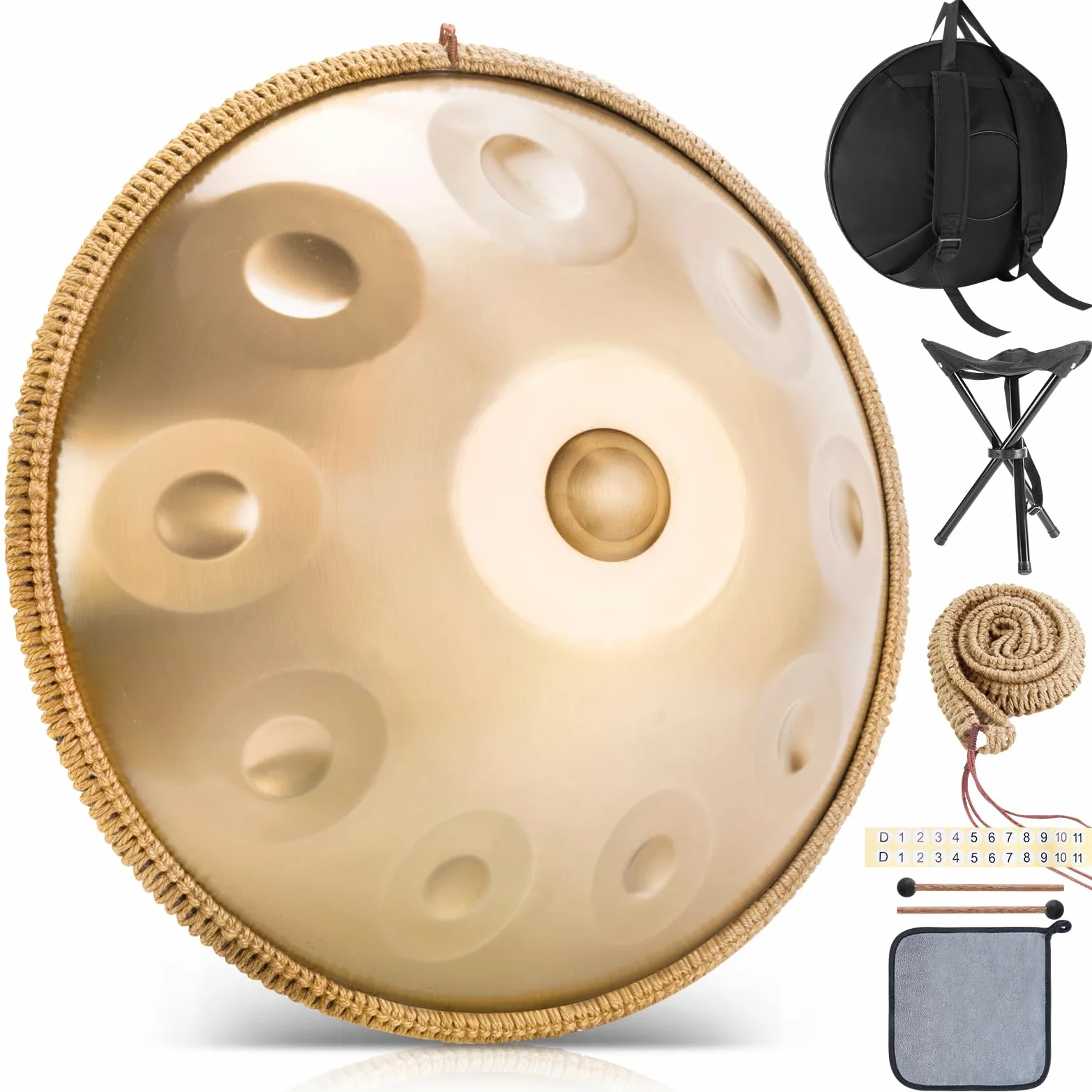 Handpan, strumento da 22 pollici, 10 note, 432 Hz, Hand Pan, Handpan Drum in Re minore, con borsa per tamburo, bacchette, supporto Steel Pan, per principianti, professionisti, musicoterapia