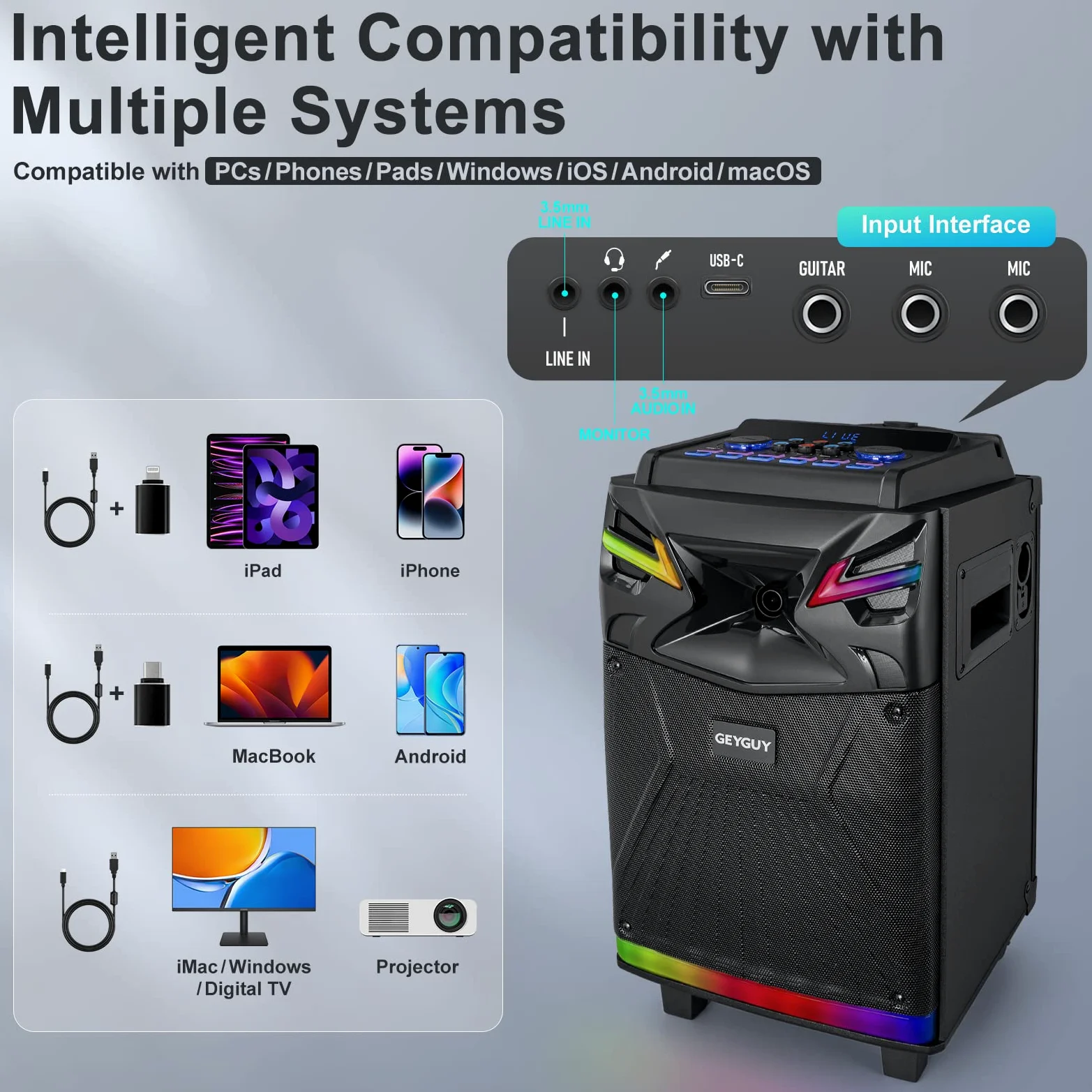 Casse karaoke professionale completo con 2 microfoni wireless, Altoparlante portatile Bluetooth con Luci per feste, Woofer da 10" Sistema PA, effetti sonori/luci DJ/radio FM GTSK10-1