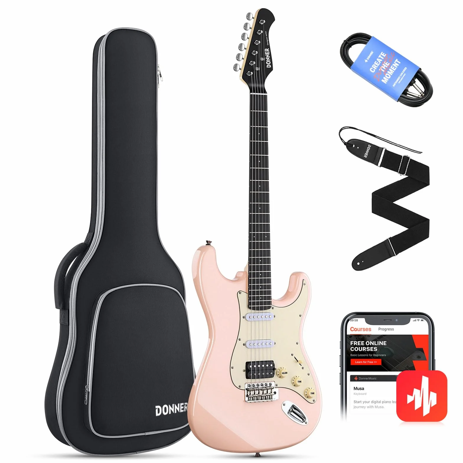 Donner Set di chitarre elettriche a grandezza naturale, pickup HSS Coil Split, chitarra ST a corpo solido da 39 pollici per principianti con borsa, tracolla, cavo (serie Designer, rosa retrò)