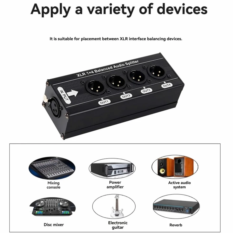 Splitter audio XLR bilanciato, 1 x 4, 3 pin, 1 ingresso in 4 uscite, scatola alimentazione