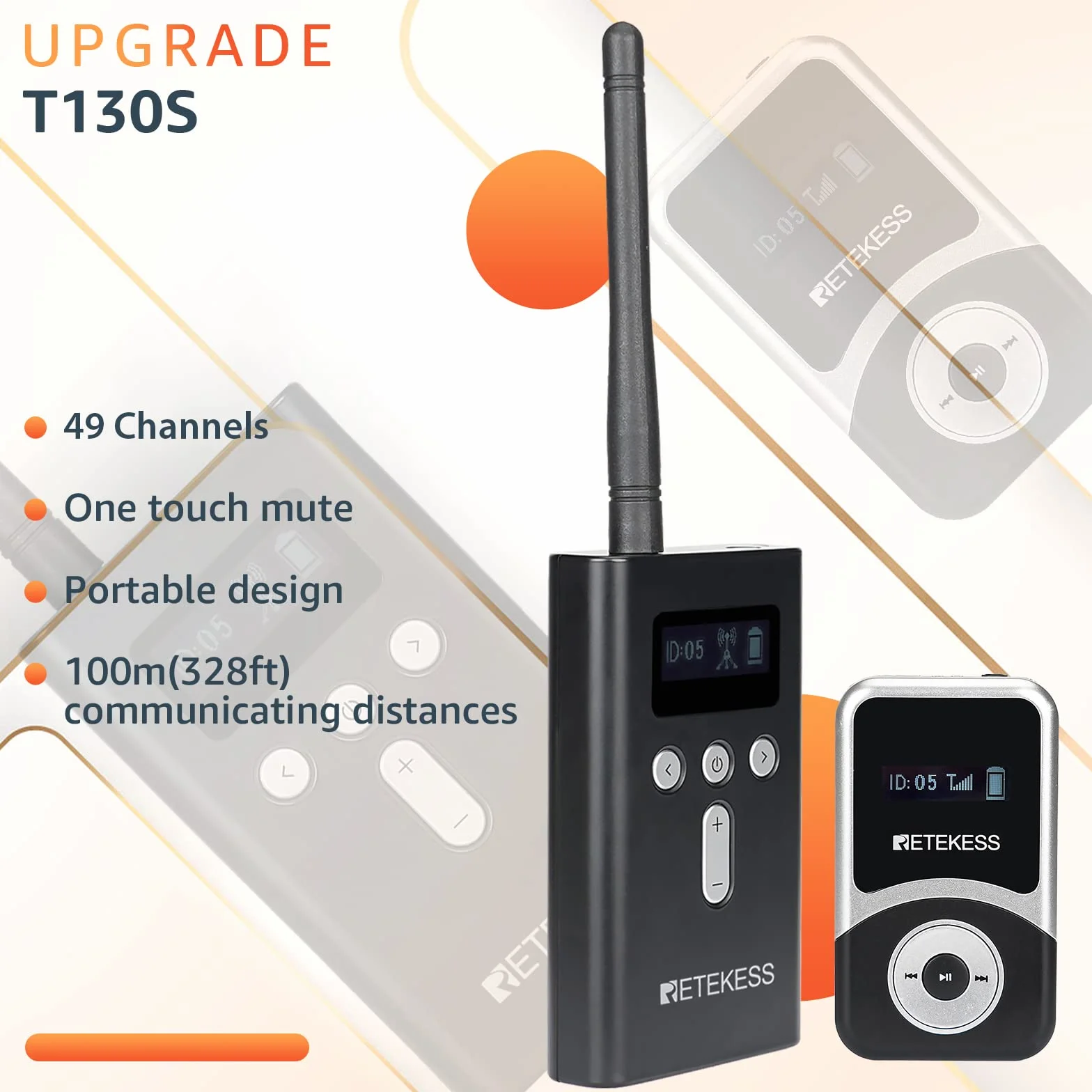 Retekess T130S (T130 2rd) Sistema di Audio guida, Sistema di Guida Wireless, Operazione con un Clic, 100m, Cuffia D, Tasto Muto, per Turismo, Fabbrica (1 Trasmettitore 5 Ricevitori)