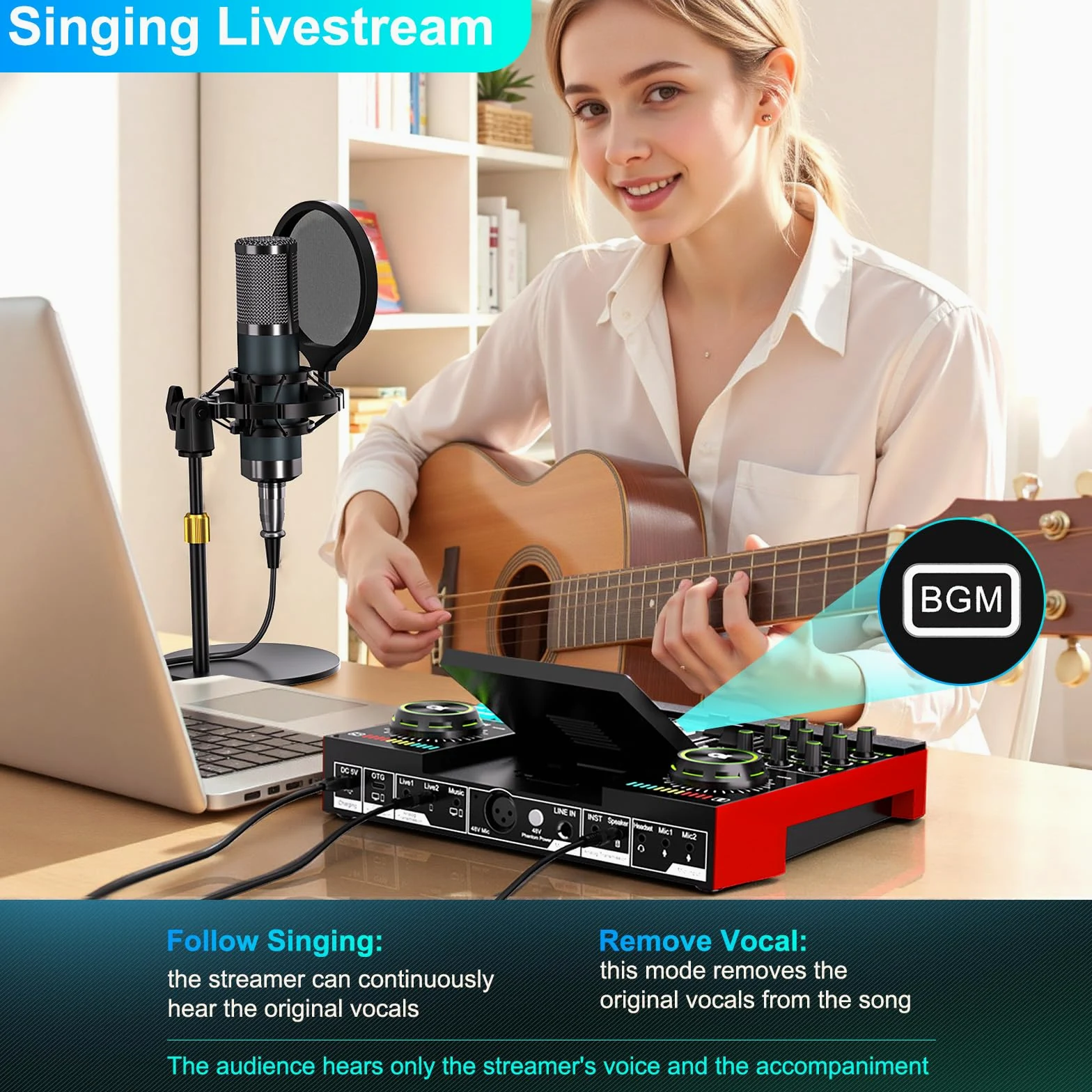 Denoise (P15) - Set di attrezzature per podcast con microfono a condensatore da 3,5 mm per pc/telefono, live streaming, canto e registrazione di musica, mixer audio con scheda audio dal vivo, scheda