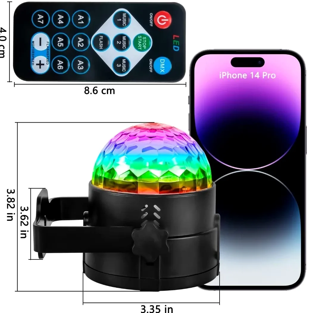 Sfera da discoteca, 2 pezzi, controllata dalla musica, luci per feste, 360°, rotanti, luci per palcoscenico, luce per effetto DJ stroboscopio con telecomando per Natale, Halloween, compleanni, club