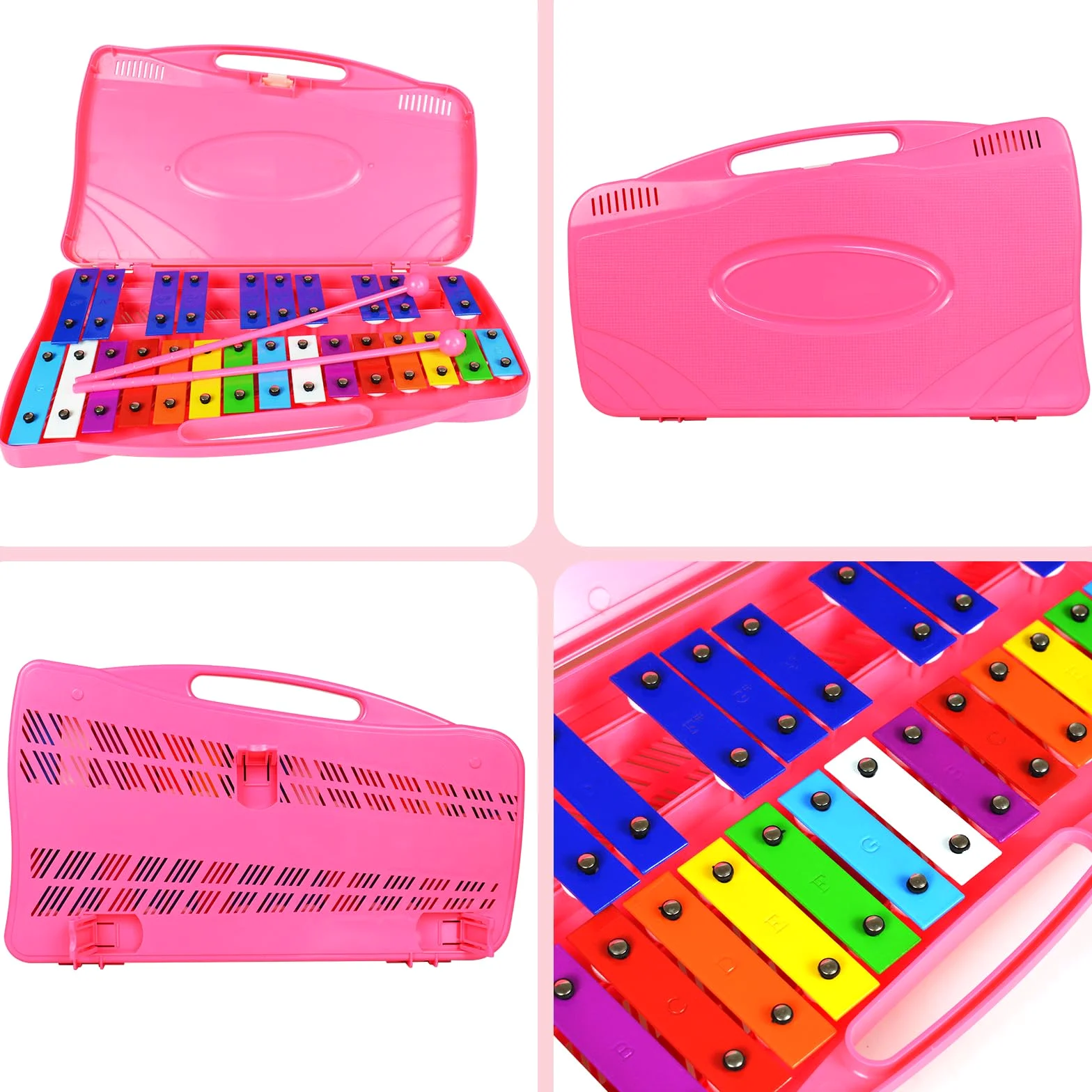 Glockenspiel - Xilofono con 25 note, tasti colorati in metallo con mazzuole, strumento musicale a percussione, insegnamento musicale educativo per principianti, rosa