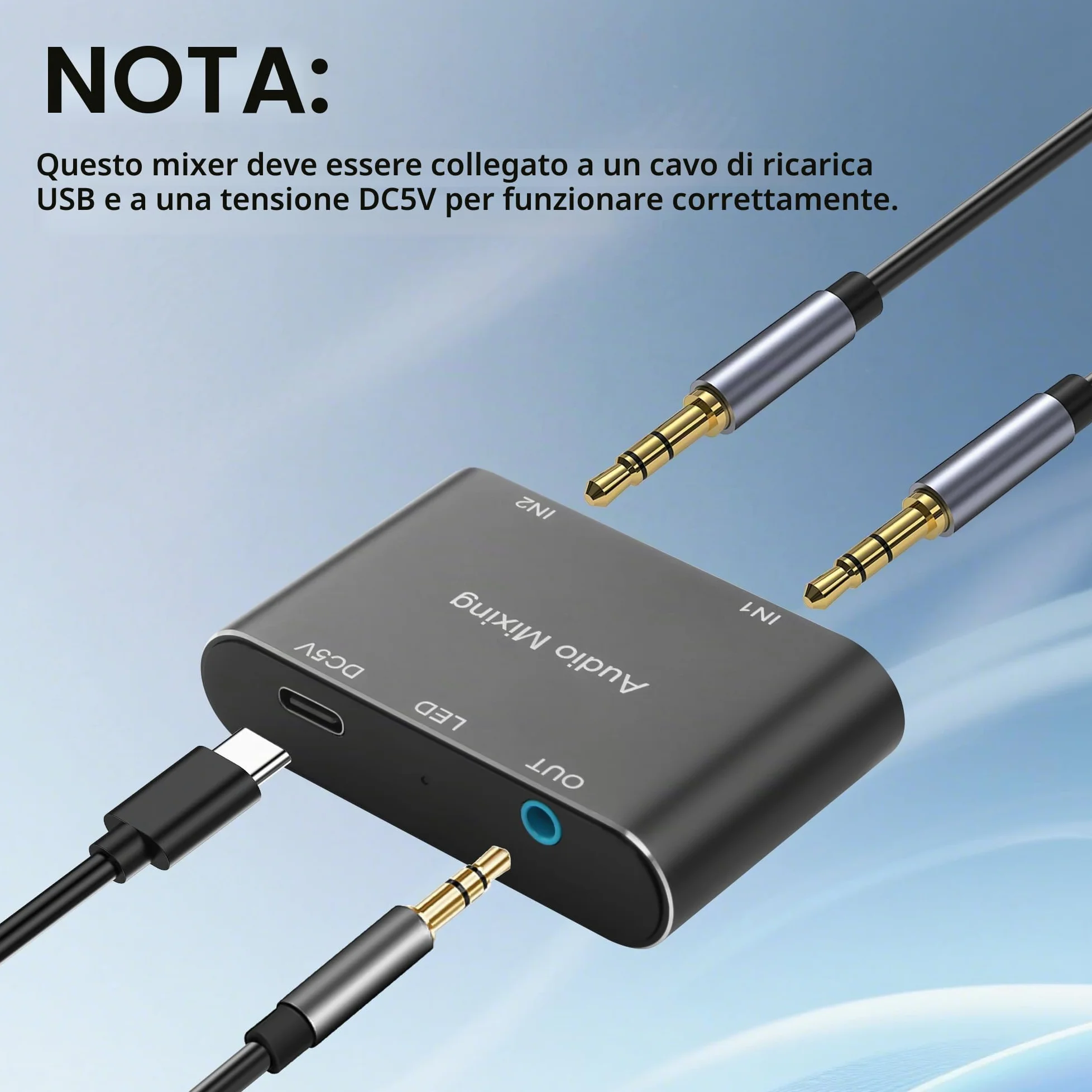 GINTOOYUN Mixer audio stereo da 3,5 mm 2 in 1 out mini mixer audio stereo da 3,5 mm con cavo di ricarica USB da 1,64 m per laptop, telefoni, cuffie, altoparlanti, ecc