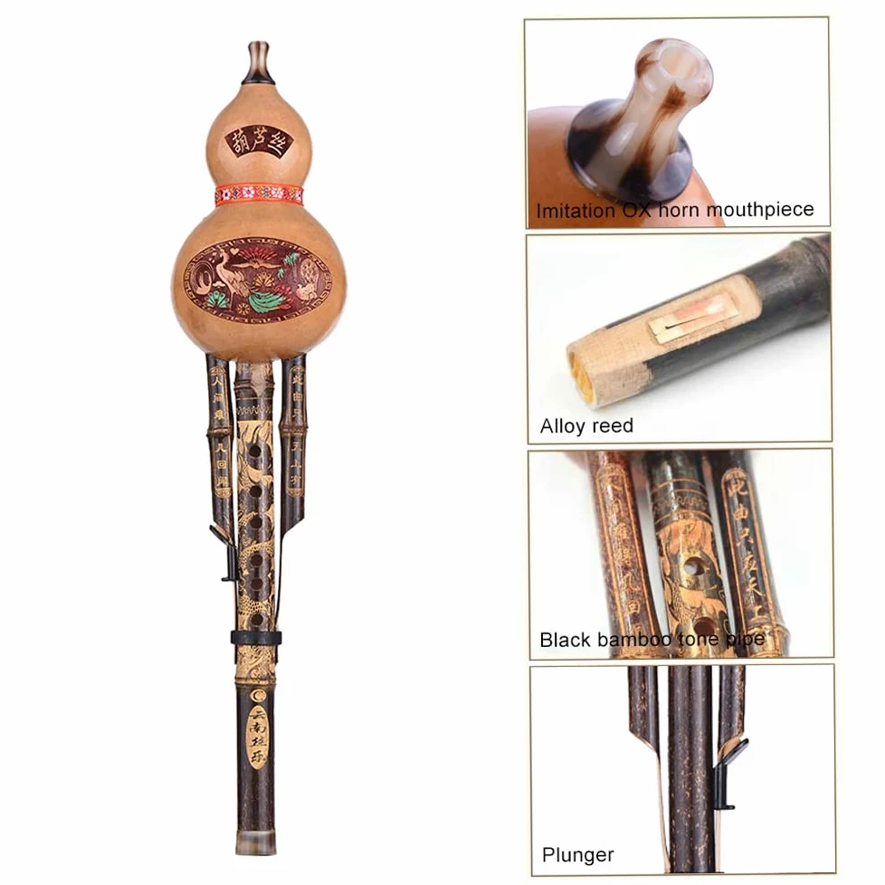 Handmade Cinese Black Hulusi Zucca Cucurbitacee Flauto Etnica Musicale Strumento Tasto di C con Il Caso per i Principianti Amanti della Musica