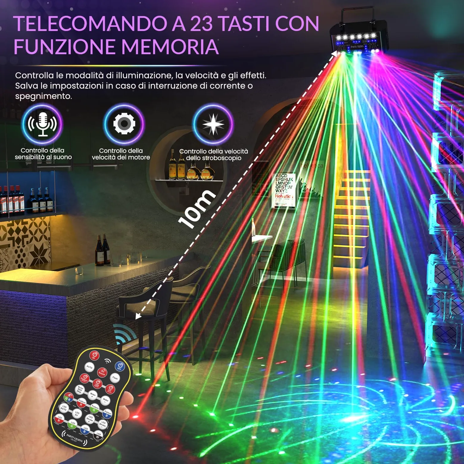 Luci Discoteca DJ RGBW & UV con DMX, Telecomando, 3 Velocità Motore, 4 Modi Stroboscopici, Proiettore Laser per Party, Disco e Decorazioni per Feste