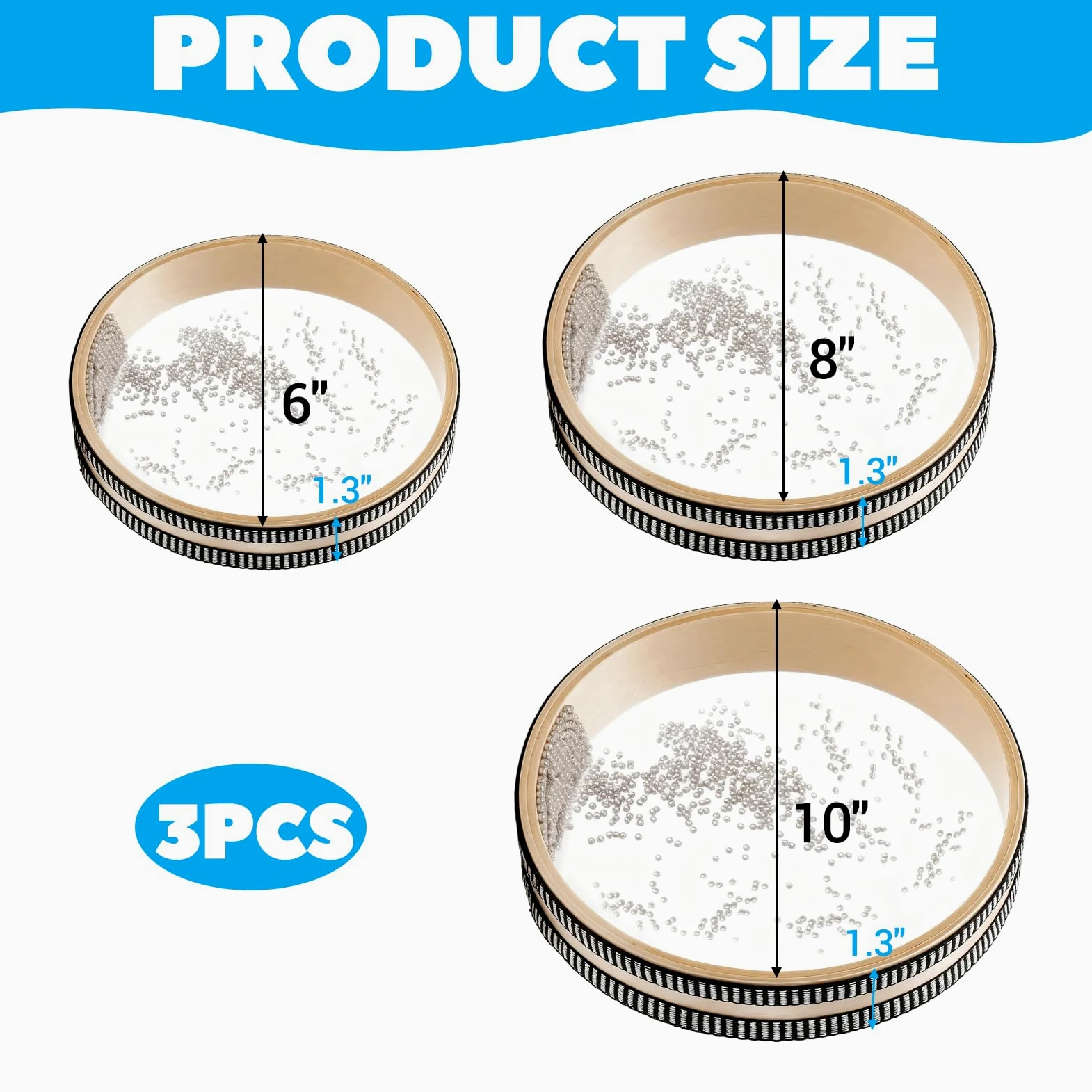 3 tamburi oceanici con perline a forma di onde oceaniche, per strumenti di guarigione del suono antistress, 15,2 cm, 20,3 cm, 25,4 cm