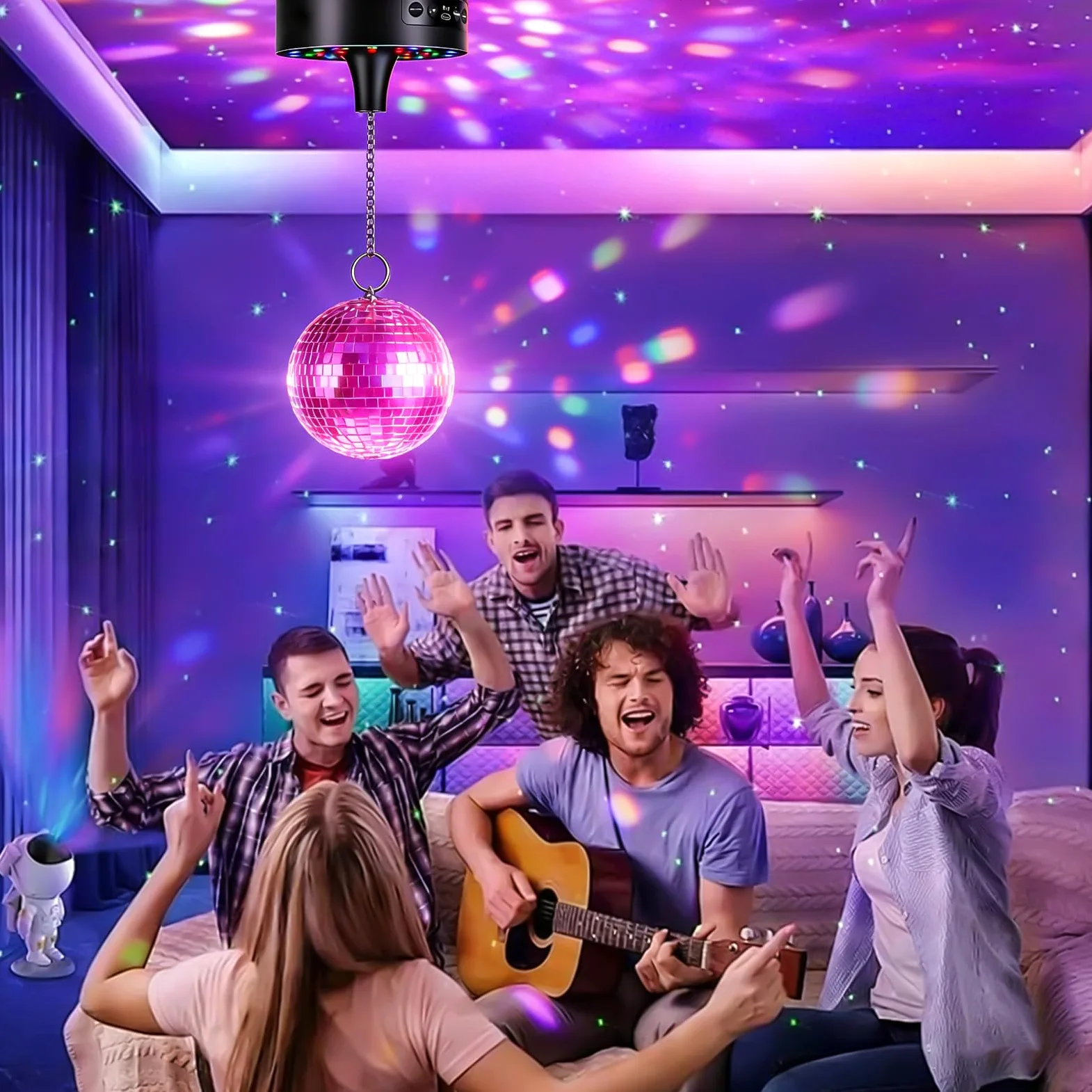 Sfera da discoteca motore con luce a LED, motore rotativo con telecomando, 30 perline LED, luce da discoteca, velocità di rotazione regolabile, azionamento silenzioso per sfera da discoteca, festa DJ