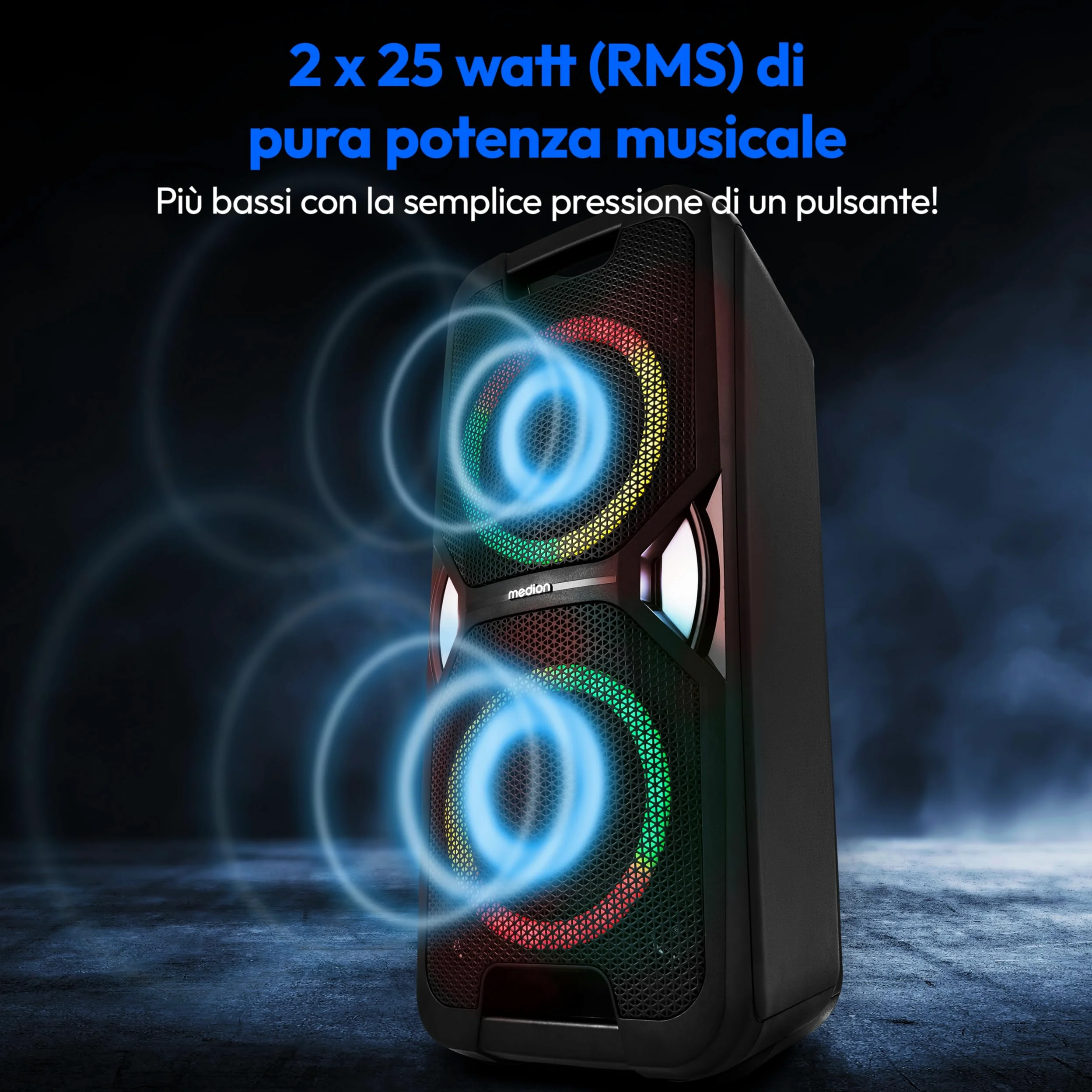 MEDION PE-1 Pure Partybox (batteria, con microfono, altoparlante Bluetooth portatile grande, cassa musicale con effetti luminosi, altoparlante party con karaoke, 2 ingressi microfono, AUX, USB, radio)