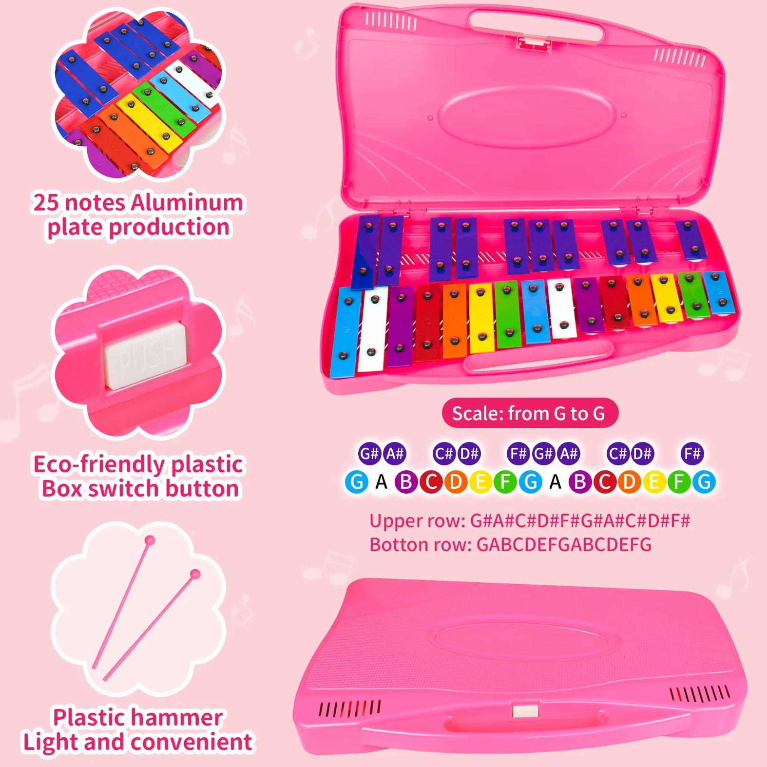Glockenspiel - Xilofono con 25 note, tasti colorati in metallo con mazzuole, strumento musicale a percussione, insegnamento musicale educativo per principianti, rosa