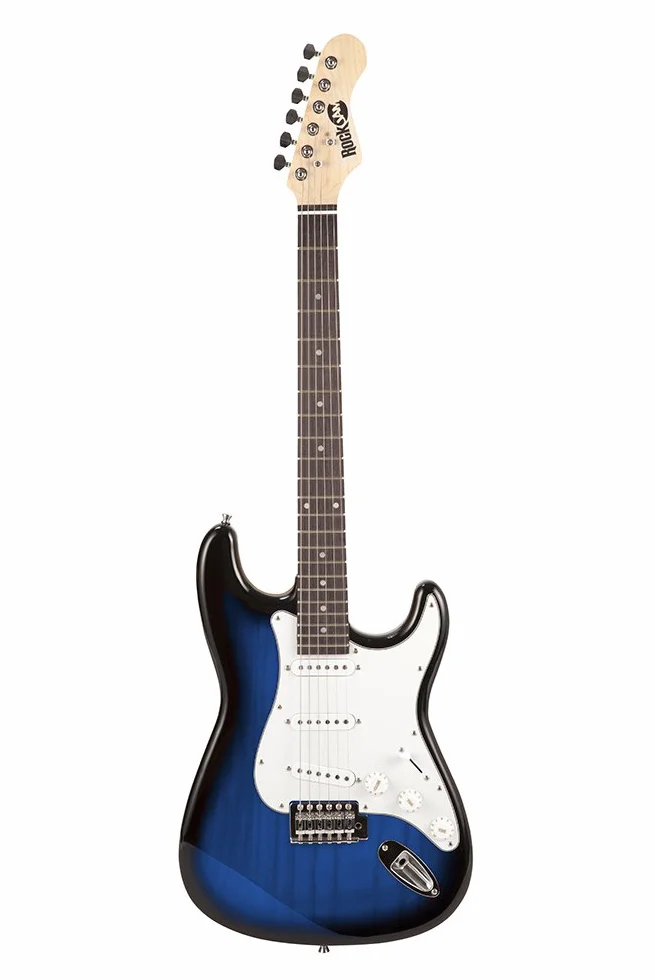Kit per chitarra elettrica a grandezza naturale di Rockjam con amplificatore per chitarra da 10 watt, lezioni, cinturino, sacchetto del gig, sceglie, whammy, piombo e corde di scorta - Blueburst
