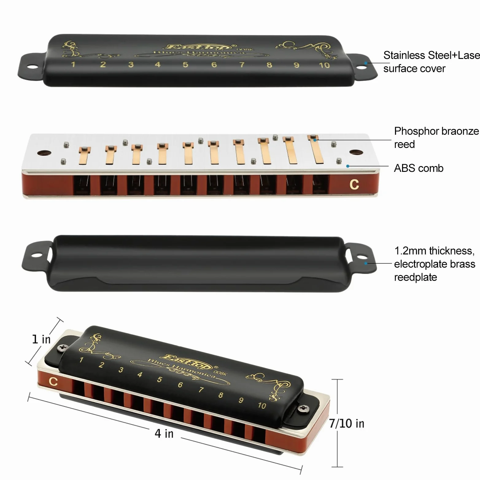 East Top Armonica a bocca diatonica Key of C 10 fori 20 toni 008K Blues Armonica a bocca con copertura nera, armonica di grado superiore per adulti, professionisti e studenti
