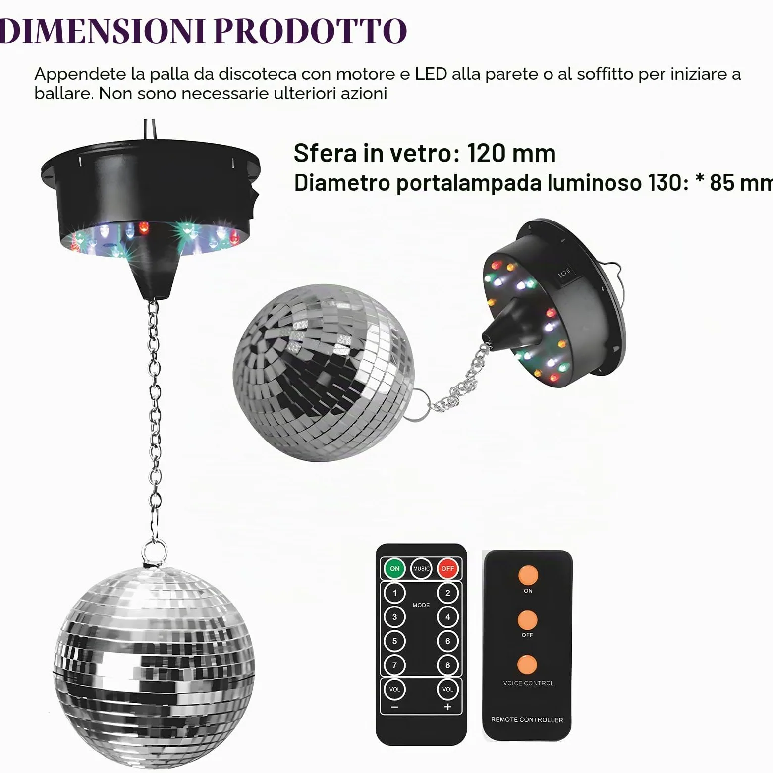 Sfera da discoteca 12 cm con motore e LED, Sfera a specchi rotante con 18 perline LED, alimentata a batteria, palla da discoteca con occhiello metallico, decorazione palla da discoteca per feste