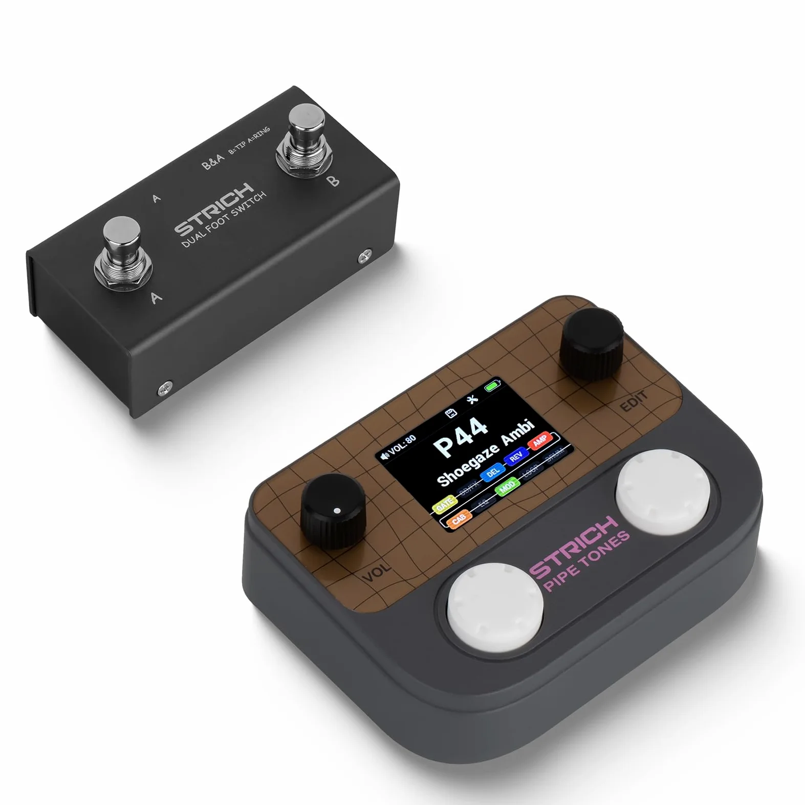STRICH Pipe Tones Pocket Multi-Effects Processor per chitarra e basso con pedale 10 moduli effetto 125 effetti Looper 40s 100 pattern di batteria Interfaccia audio USB Controllo wireless(Grigio scuro)