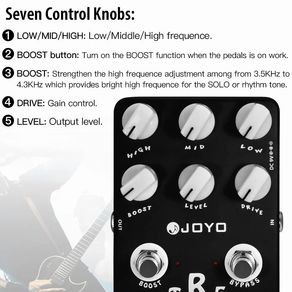 JOYO Pedale di distorsione in metallo con equalizzatore a 3 bande e boost di guadagno basso-medio-alto per effetto chitarra elettrica - Bypass (Extreme Metal JF-17)