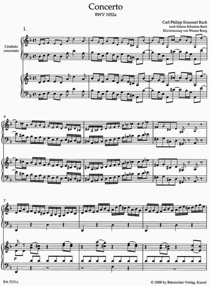 BACH C.P.E. - Concerto in Re minore (BWV:1052a) per 2 Piani a 4 mani (Urtext) (Breig)