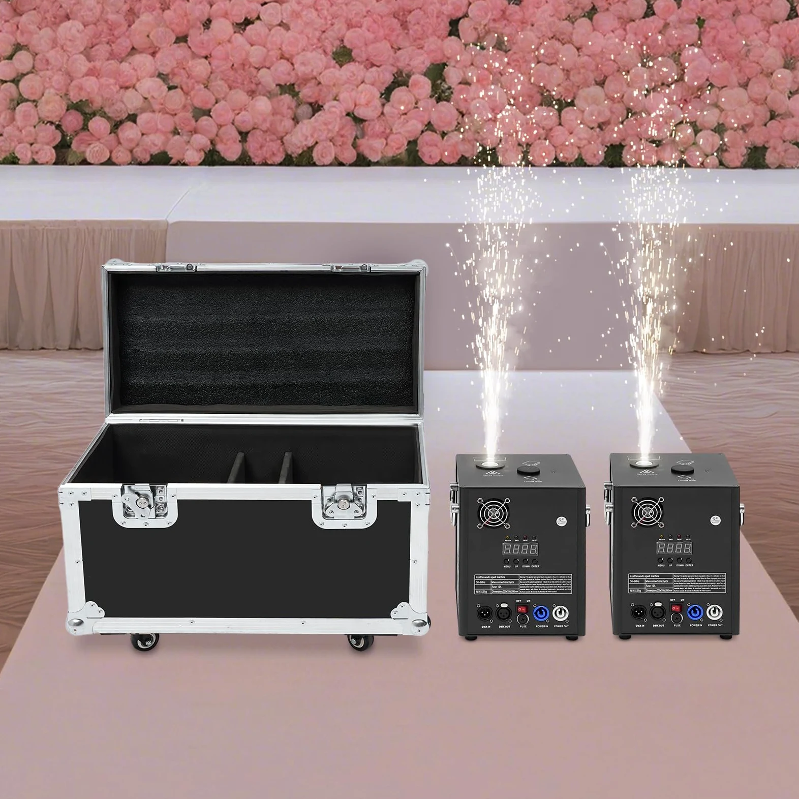 Set di 2 macchine pirotecniche con valigetta, 750 W, fuochi d'artificio freddi, DMX512 e telecomando, macchina da palcoscenico regolabile in altezza per matrimoni, feste, DJ, concerti, colore nero