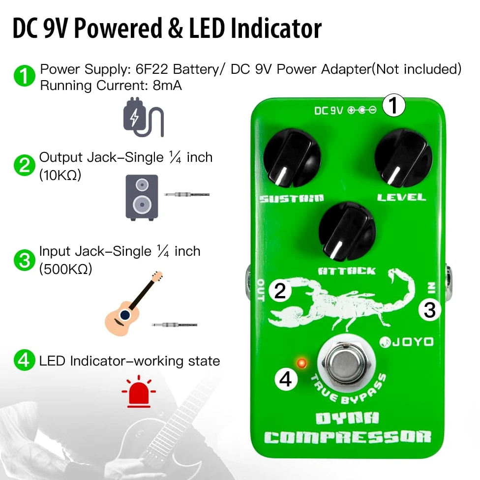 JOYO Dynamic Compressione Pedal Ricreazione a basso rumore Compressore Ross classico per chitarra elettrica e basso - True Bypass (JF-10)
