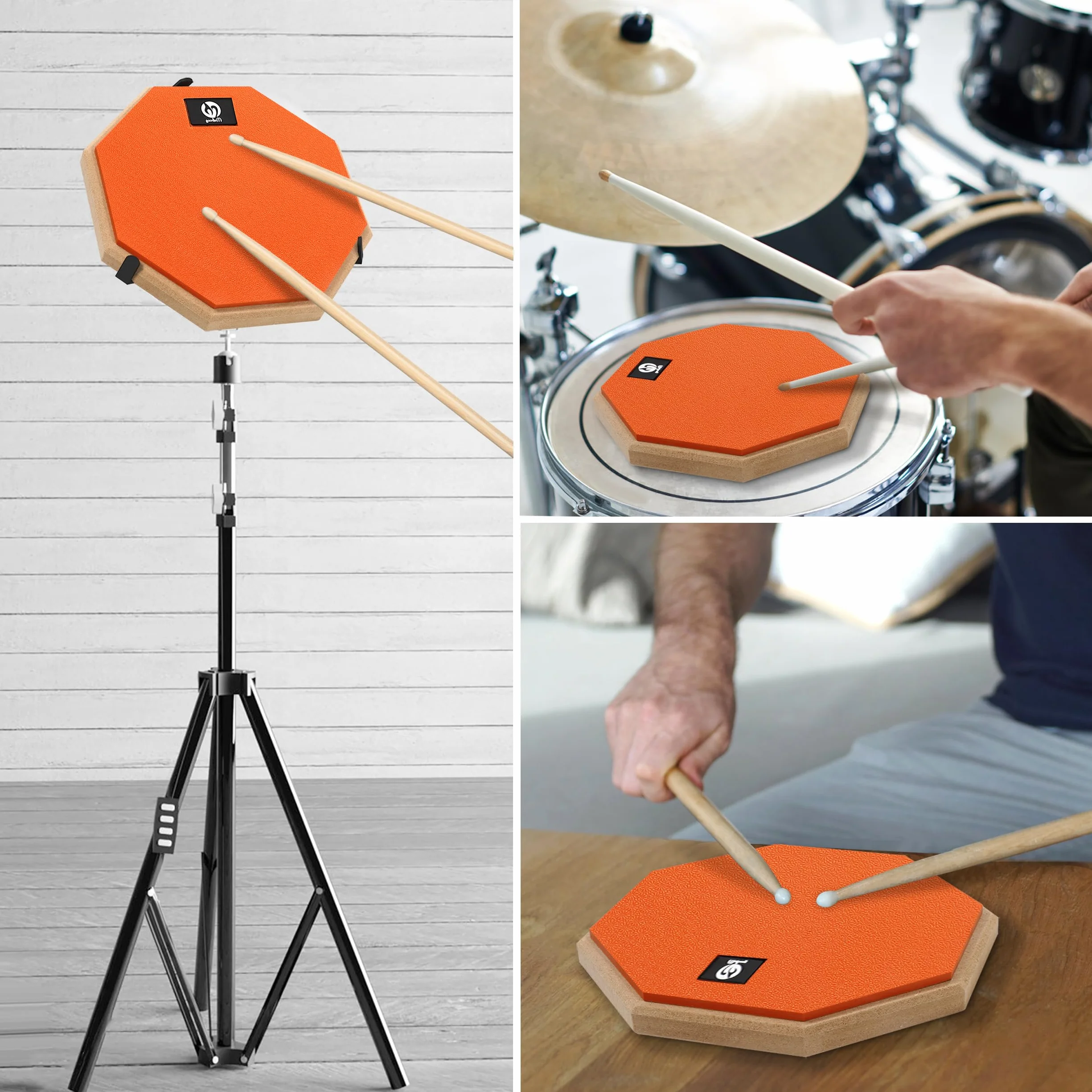 Pad per Allenamento Batterie da 8 Pollici Tappetino per Batterie Silenzioso in Gomma con Base in Legno per Batteristi Principianti Arancione