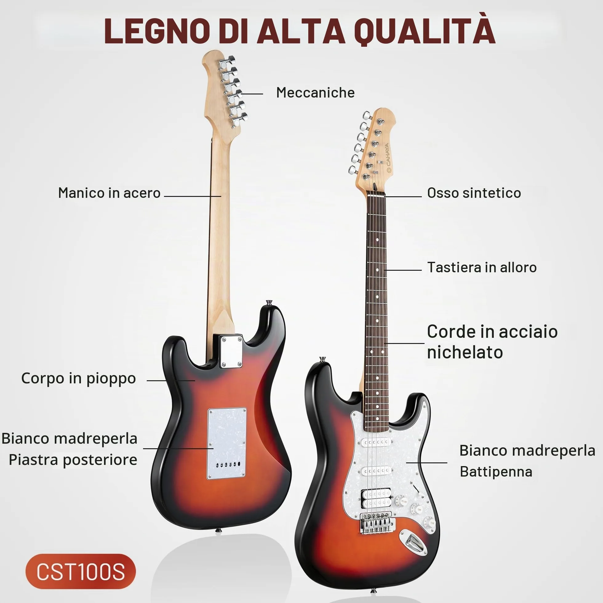 CAHAYA Set di Chitarra Elettrica e Amplificatore: chitarra Stratocaster da 39 pollici con 3 pickup (S-S-H), include custodia, accordatore, Whammy Bar e 4 plettri