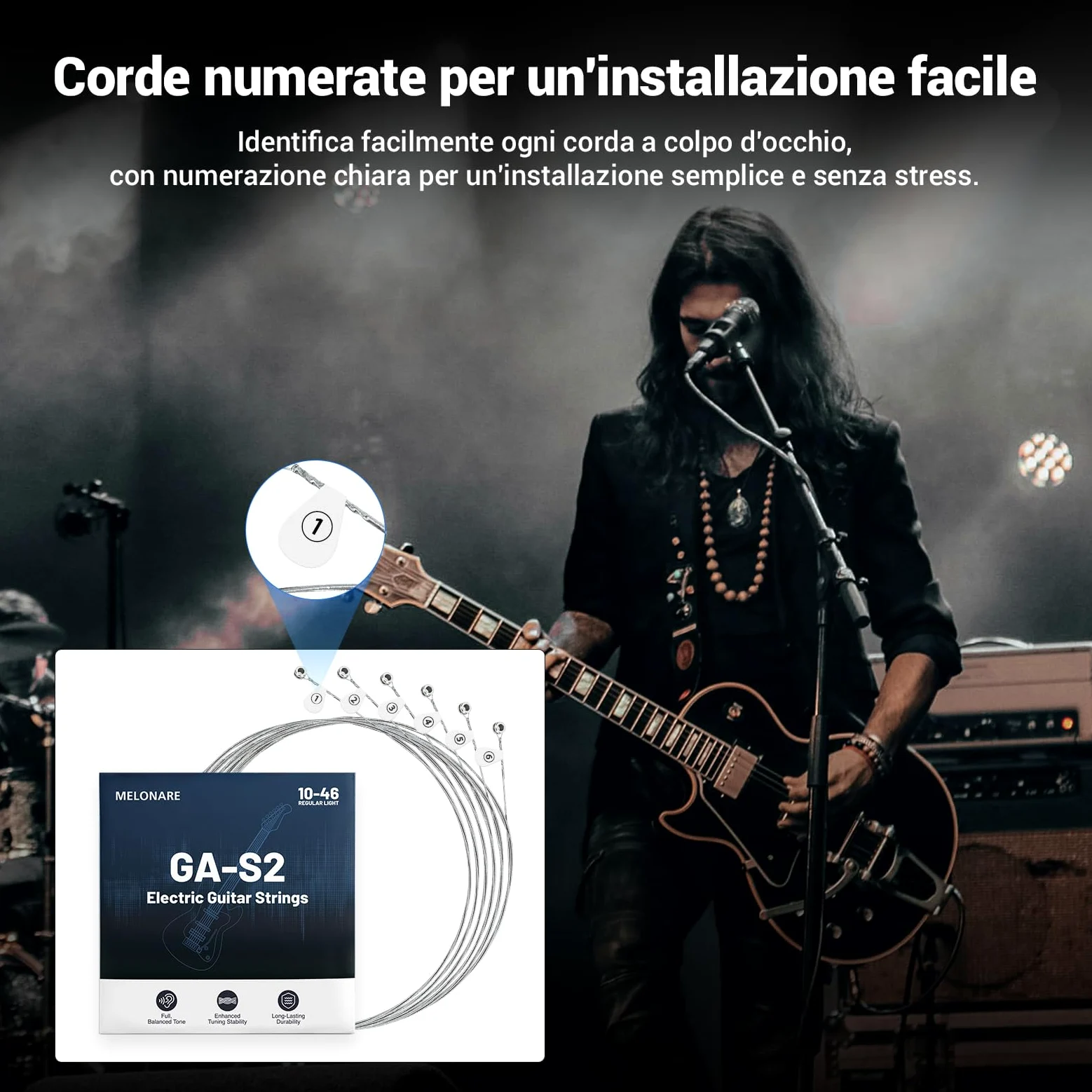 MELONARE Corde per chitarra elettrica, estremità a sfera, avvolgimento in acciaio nichelato, anima esagonale e rivestimento antiruggine, 10–46 Regular Light, confezione da 10 (GA-S2-10)