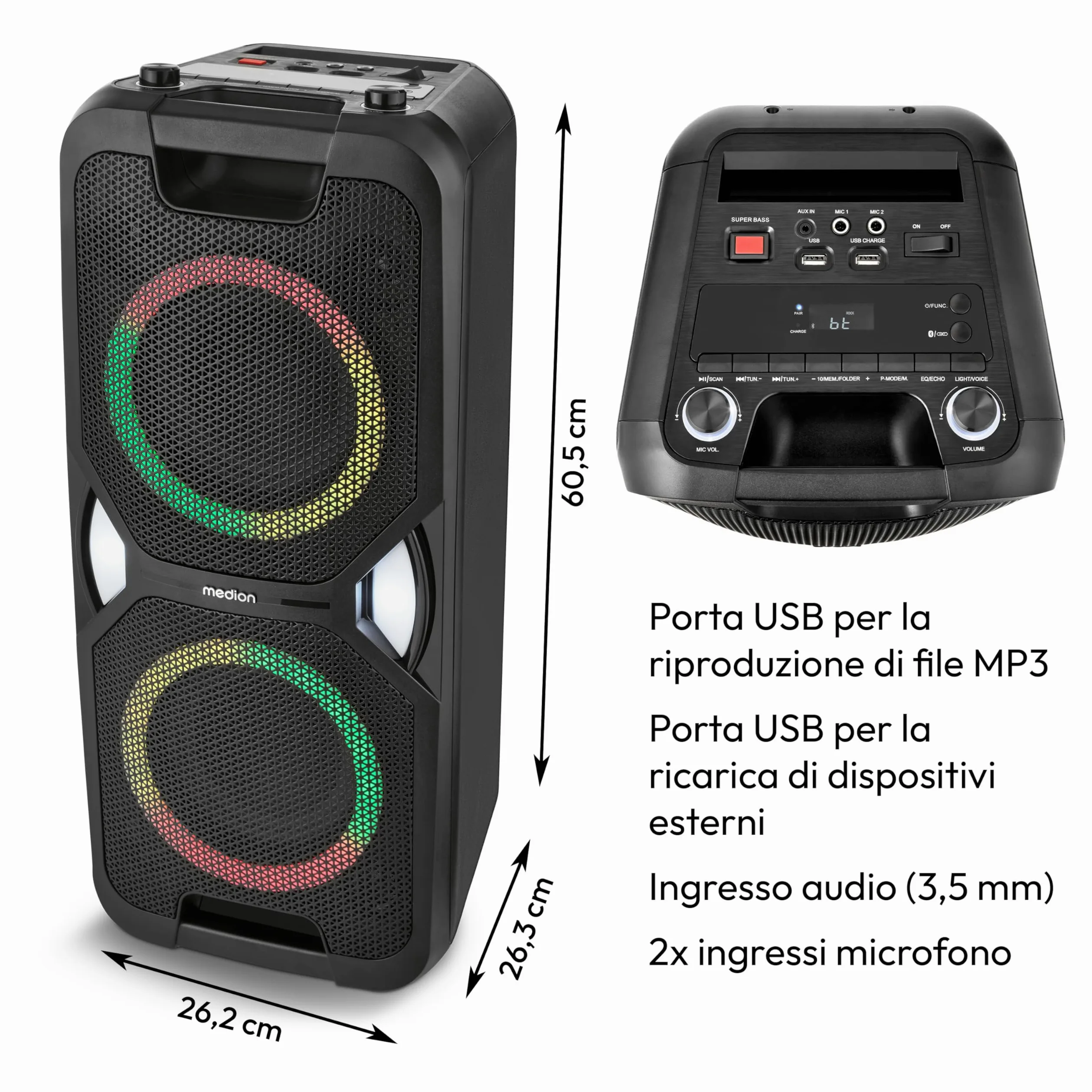 MEDION PE-1 Pure Partybox (batteria, con microfono, altoparlante Bluetooth portatile grande, cassa musicale con effetti luminosi, altoparlante party con karaoke, 2 ingressi microfono, AUX, USB, radio)