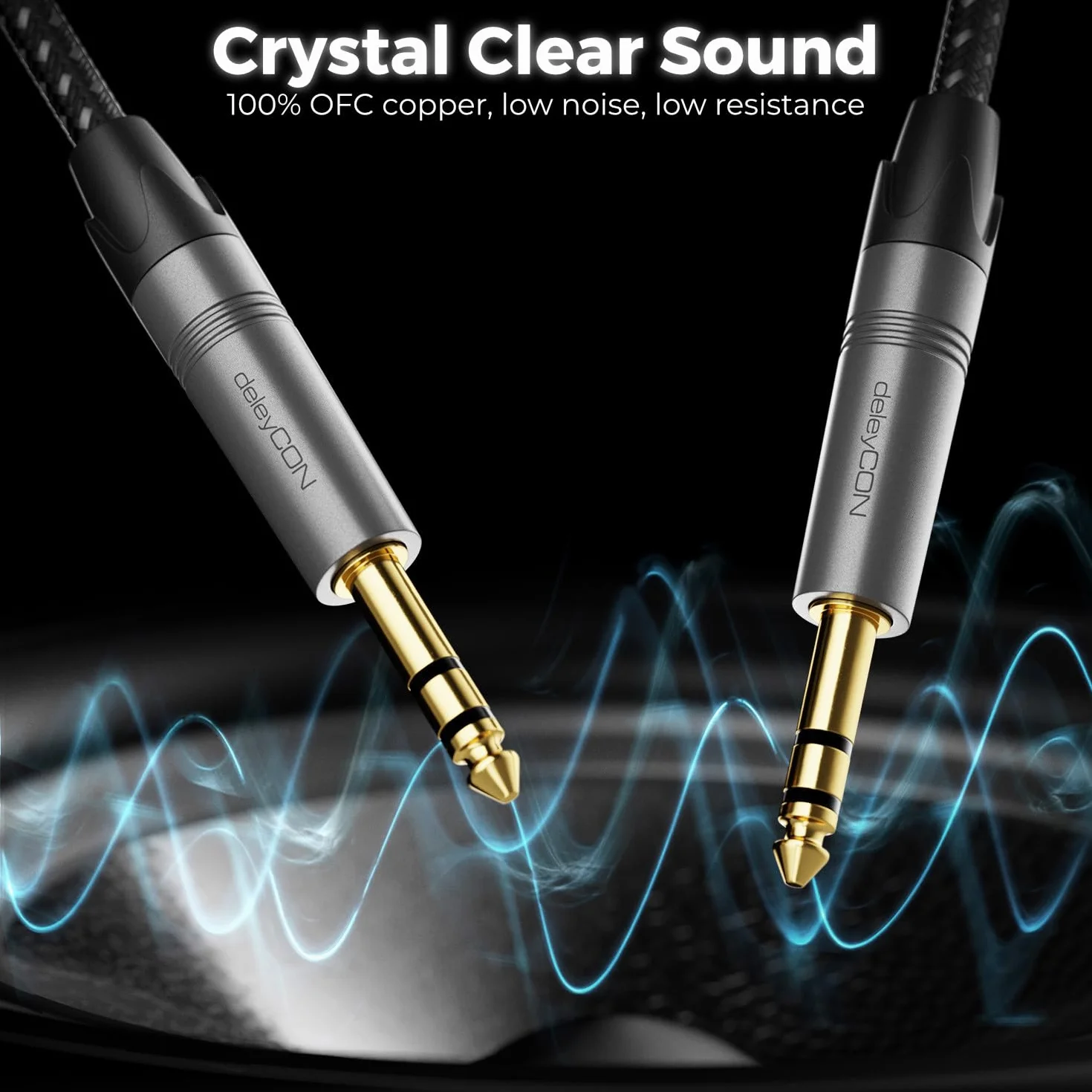deleyCON 10m Cavo Strumento Jack 6,35mm a Jack 6,35mm TRS (Stereo) AUX - Qualità da Studio - in Puro Rame OFC (AWG24) - per Amplificatore Mixer Chitarra Elettrica Basso Tastiera