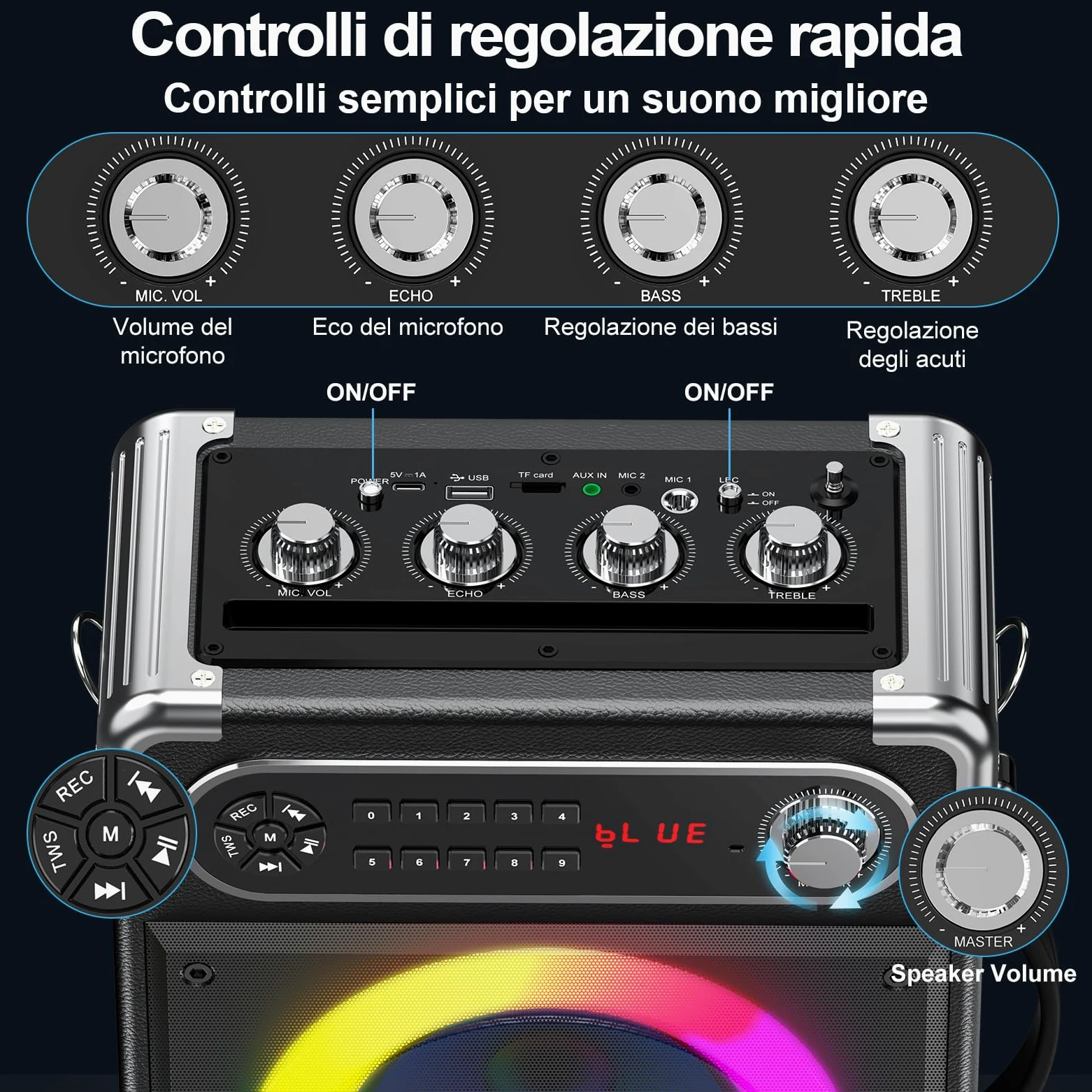 JYX Karaoke con 2 Microfono, Sistema Portatile 6,5'', 80W Cassa Bluetooth 5.3 Altoparlante, Controlli per alti/bassi e luce LED, Compatibile TWS, USB/TF/Radio FM, Funzione Registrazione, Nero