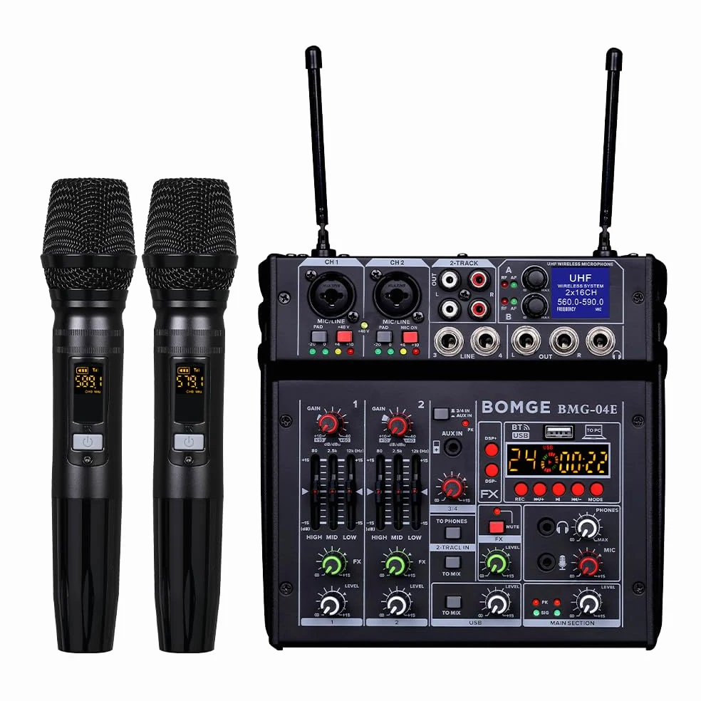 BOMGE Mixer audio karaoke 04E, mixer a 4 canali con doppio microfono wireless UHF, console audio MP3, Bluetooth 48 V, alimentazione phantom, interfaccia audio USB, mixaggio per DJ per feste, computer,