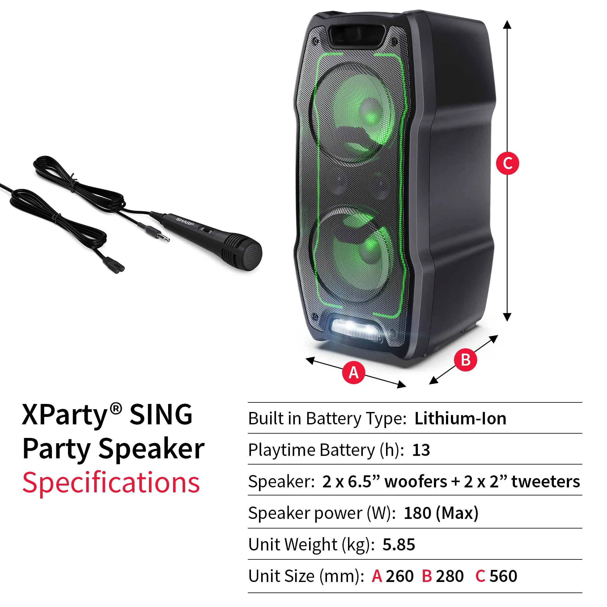 Sharp PS-931 Party Speaker, microfono, TWS, Bluetooth, 2xUSB, 2 porte da 6,3 mm per microfono e chitarra, luci multicolori, 180W P.maxima, batteria litio integrata con fino a 13 ore di riproduzione